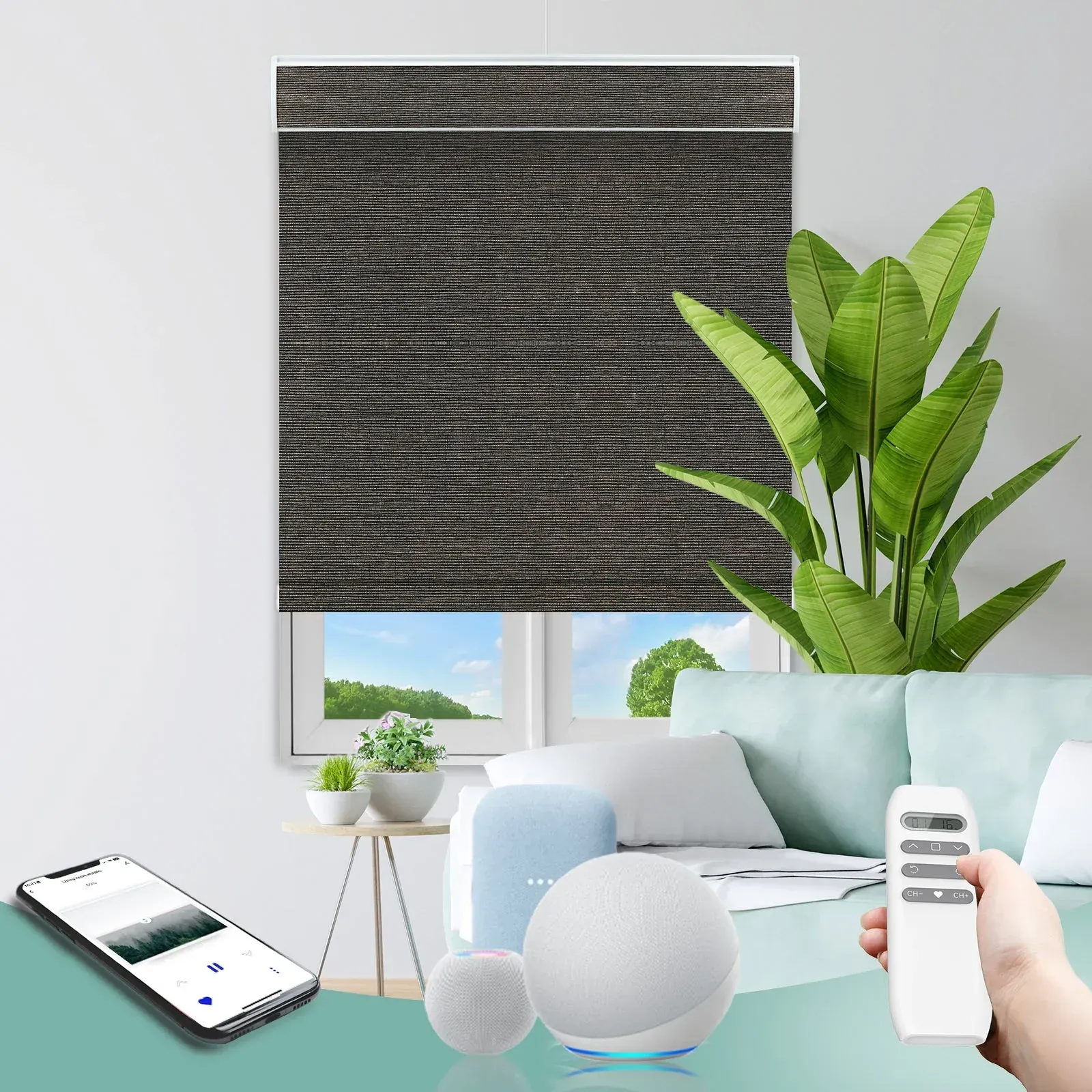 Modern living room with a gray striped blind, green plant, sofa, lamp, and smartphone on the floor