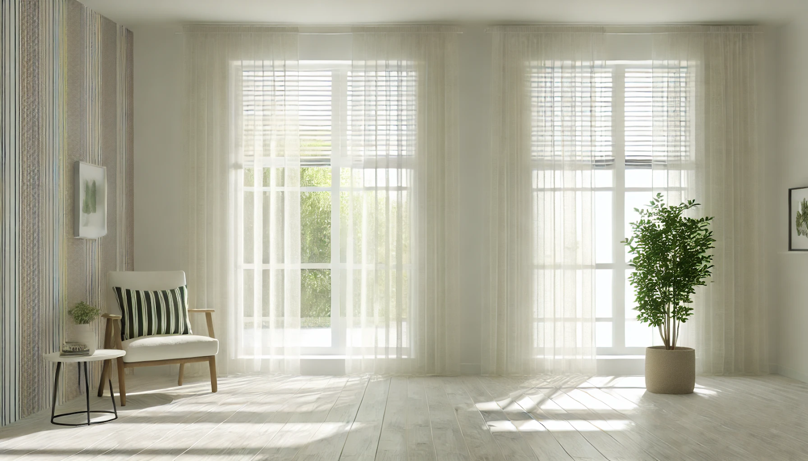Bright minimalist living room with sheer curtains, sunlit windows, a chair, and a potted plant