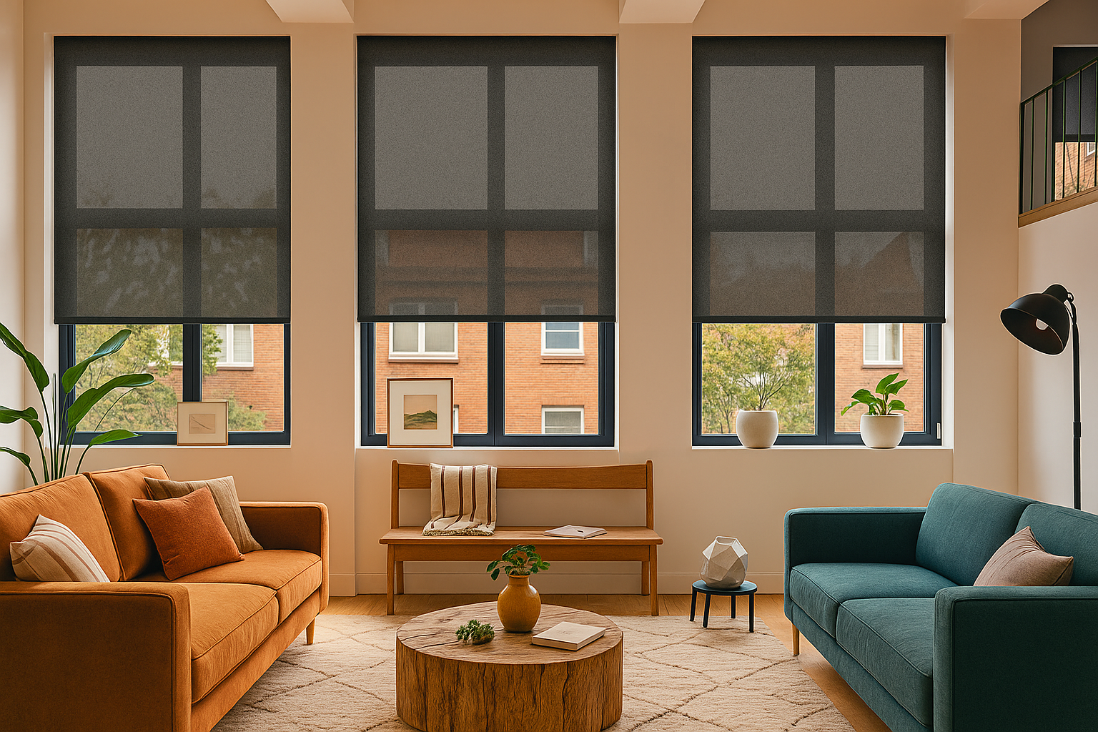 Bright living room with orange and teal sofas, large windows, and a wooden coffee table with plants.