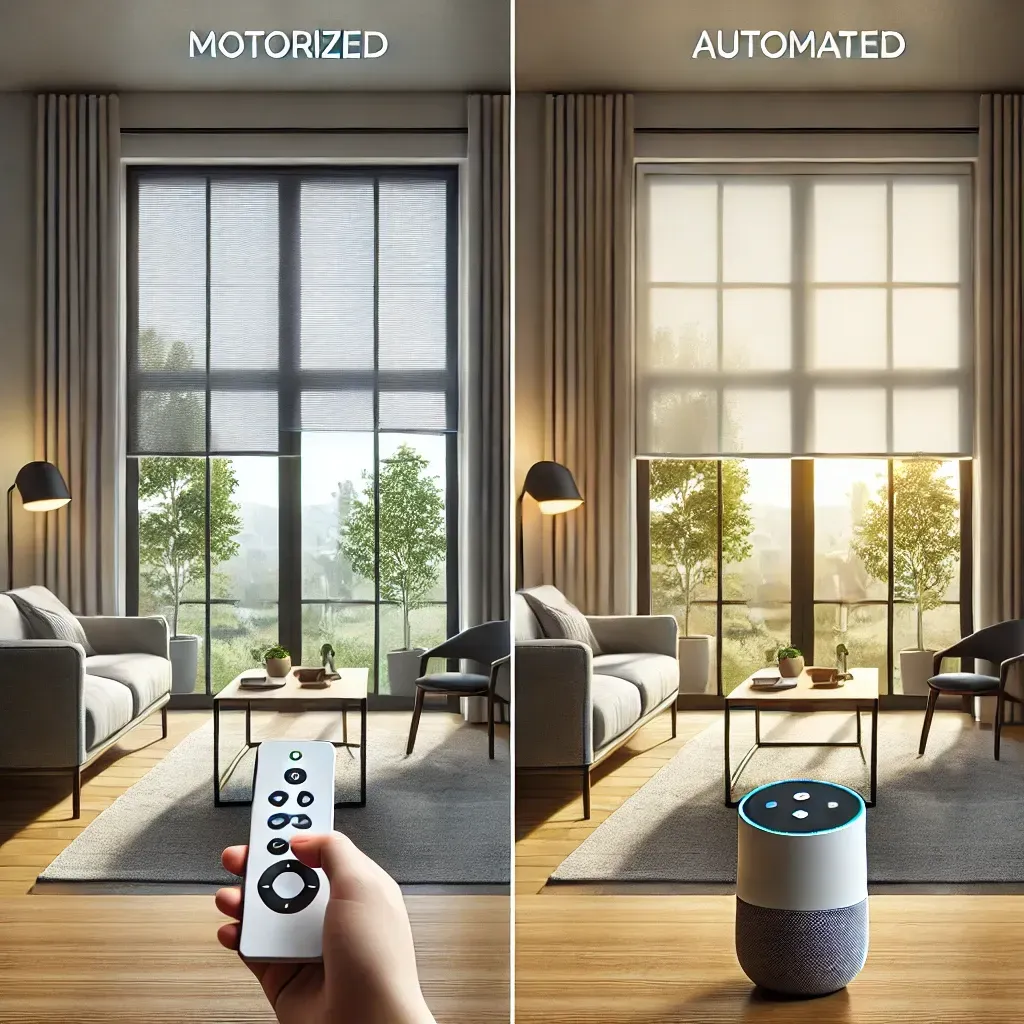 Split-screen living room with a remote controlling blinds; “motorized” dark and “automated” bright above.