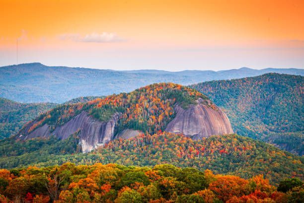 Autumn mountains at sunrise with colorful foliage and a large rocky cliff under a pink-orange sky