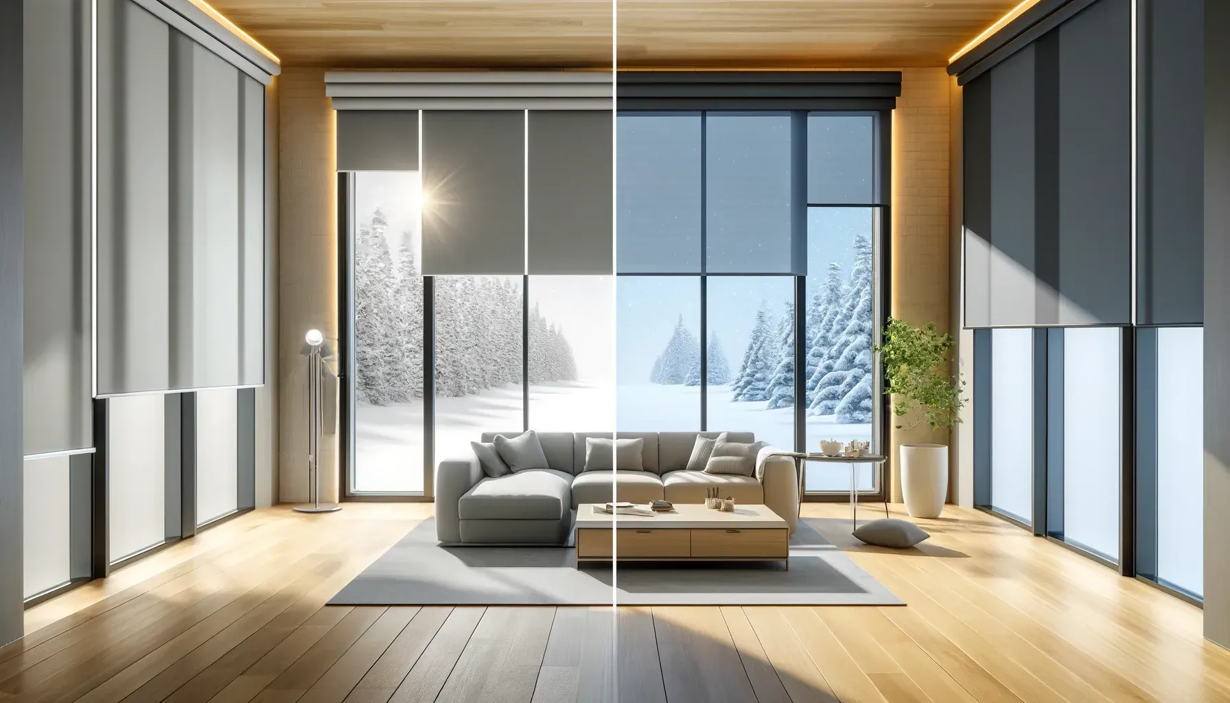 Modern living room with gray sofa, wooden floors, large windows, and snowy trees outside