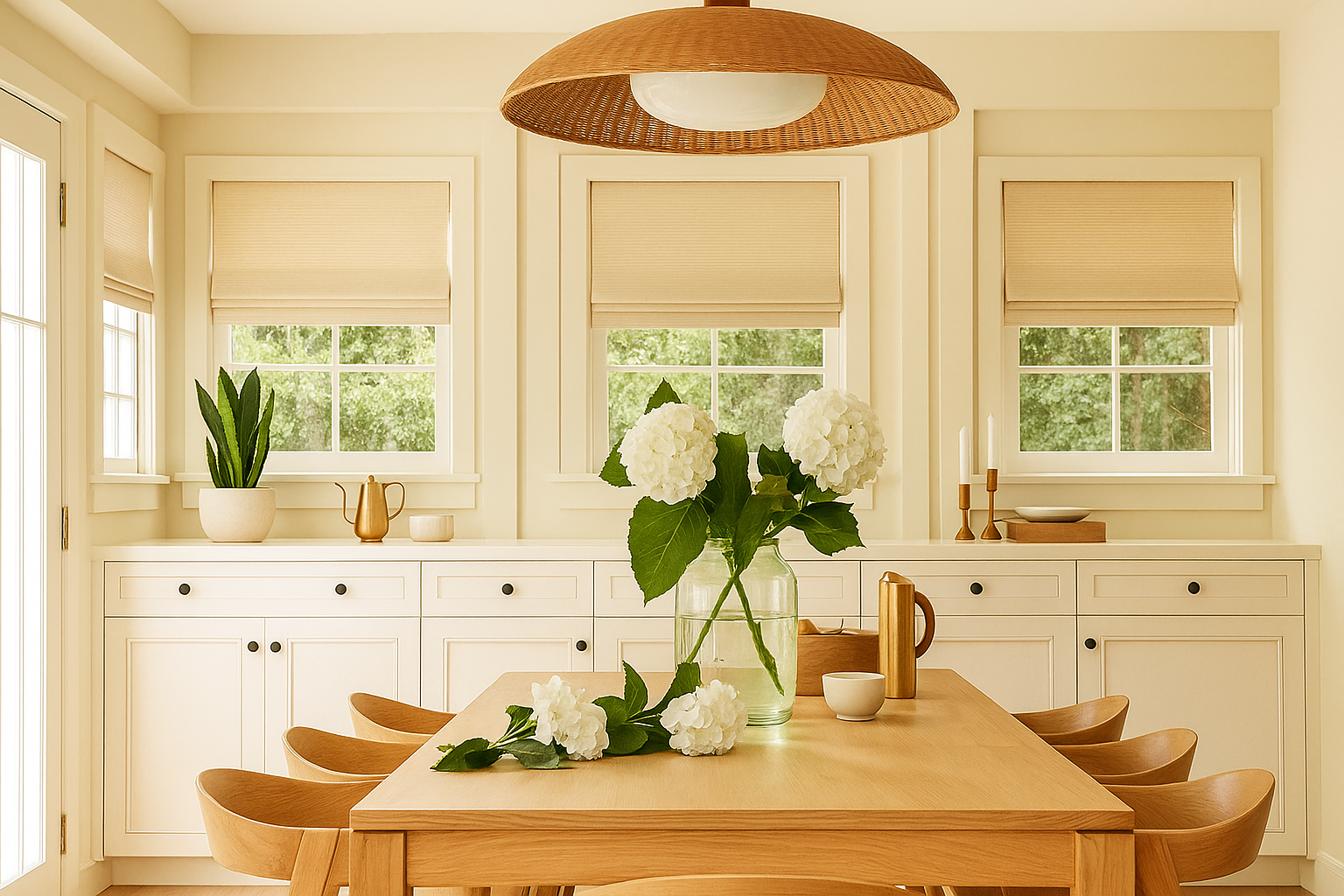 Warm beige dining room with wooden table, woven pendant light, and white cabinetry by sunlit windows