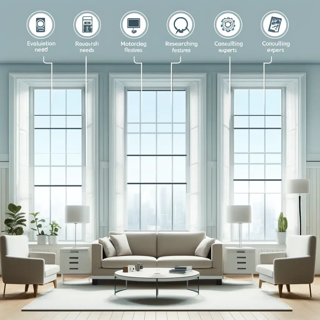 Bright, modern living room with beige sofas, large windows, white chairs, and potted plants.