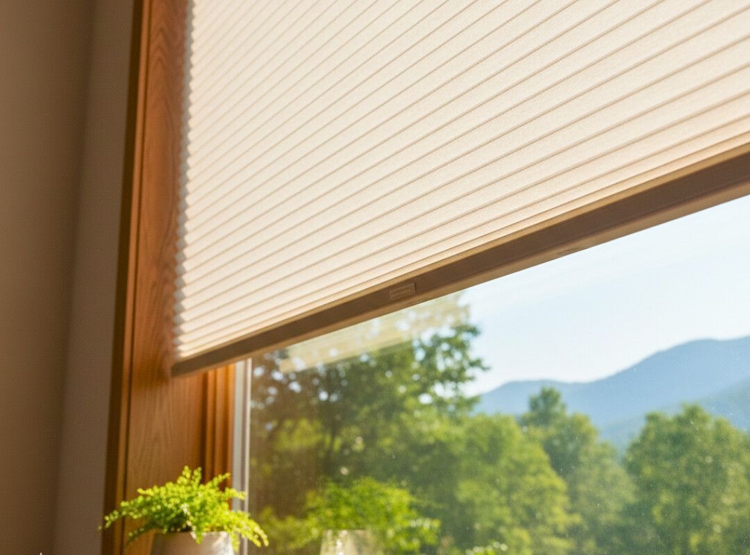 Sunlit window with beige blinds, wooden frame, and green trees and mountains outside