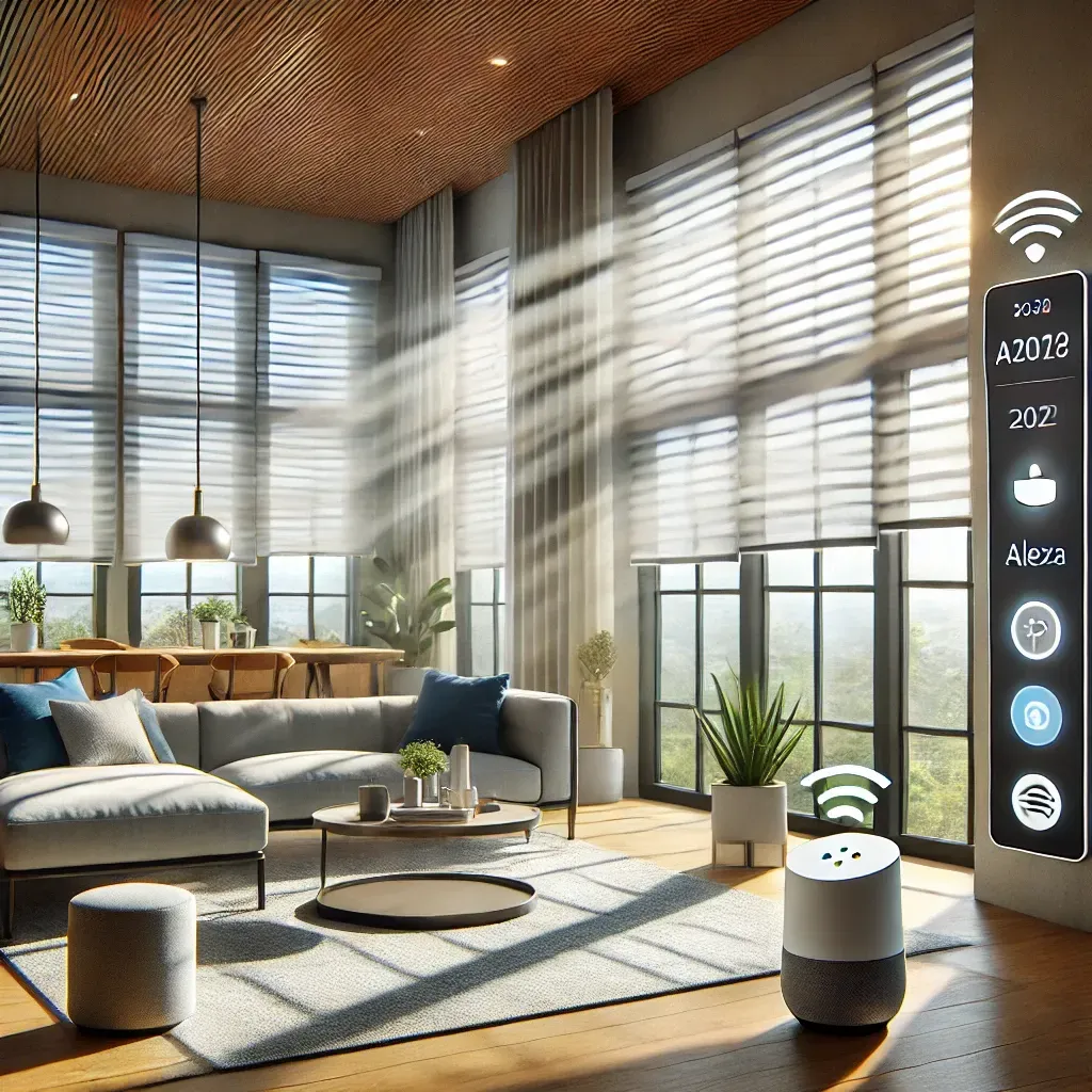 Modern living room with large windows, gray sofa, rug, plants, and a smart thermostat panel by the wall