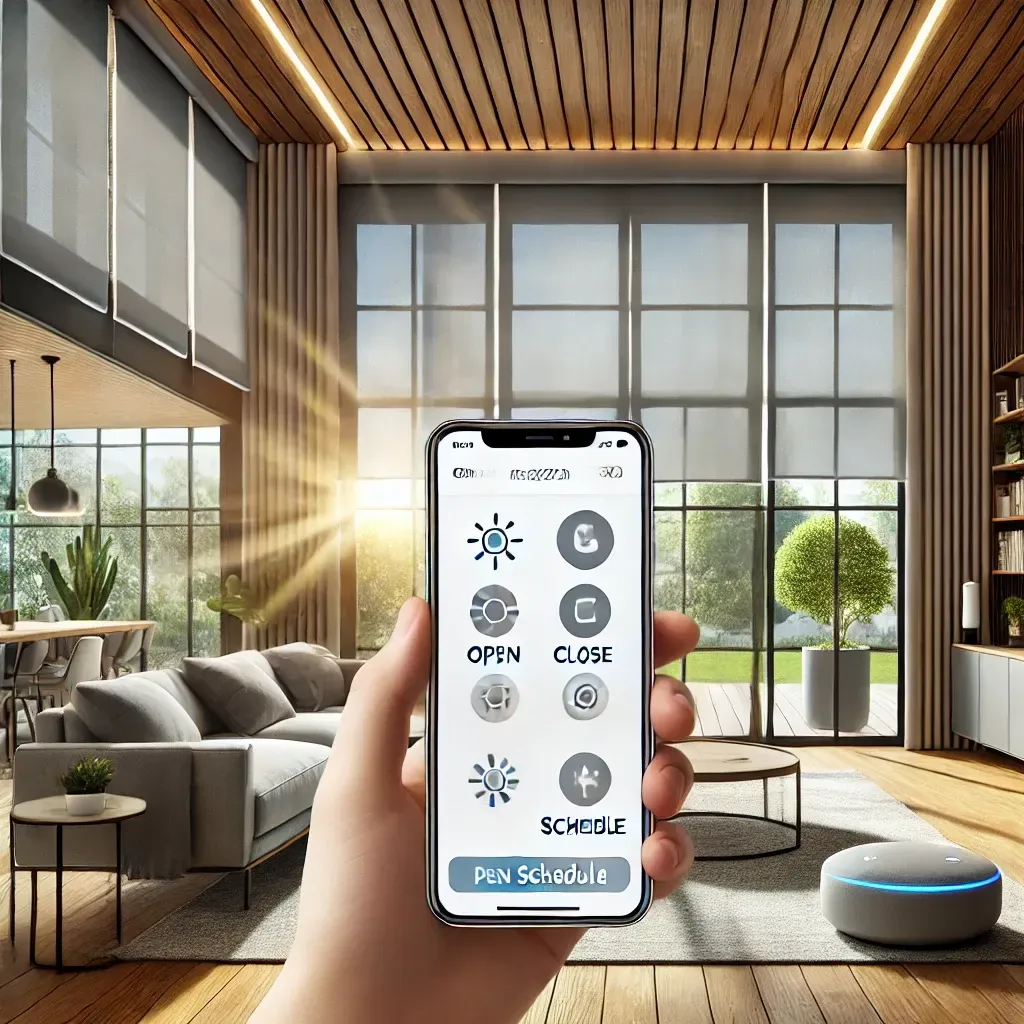Smart home app on a phone in a modern living room, controlling lights and thermostat with sunlit windows.