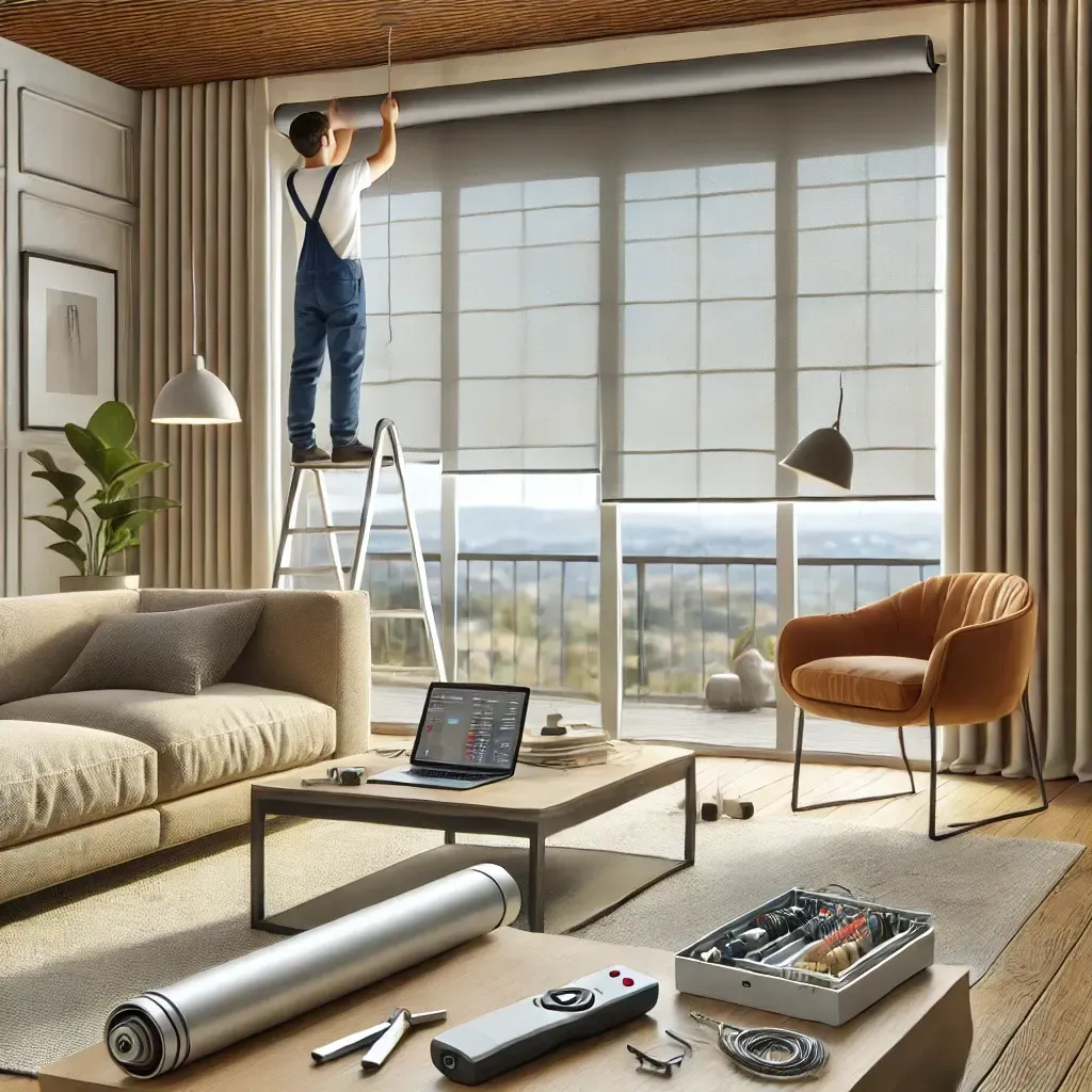 Person on a ladder adjusting blinds in a bright living room with a sofa, chair, and coffee table