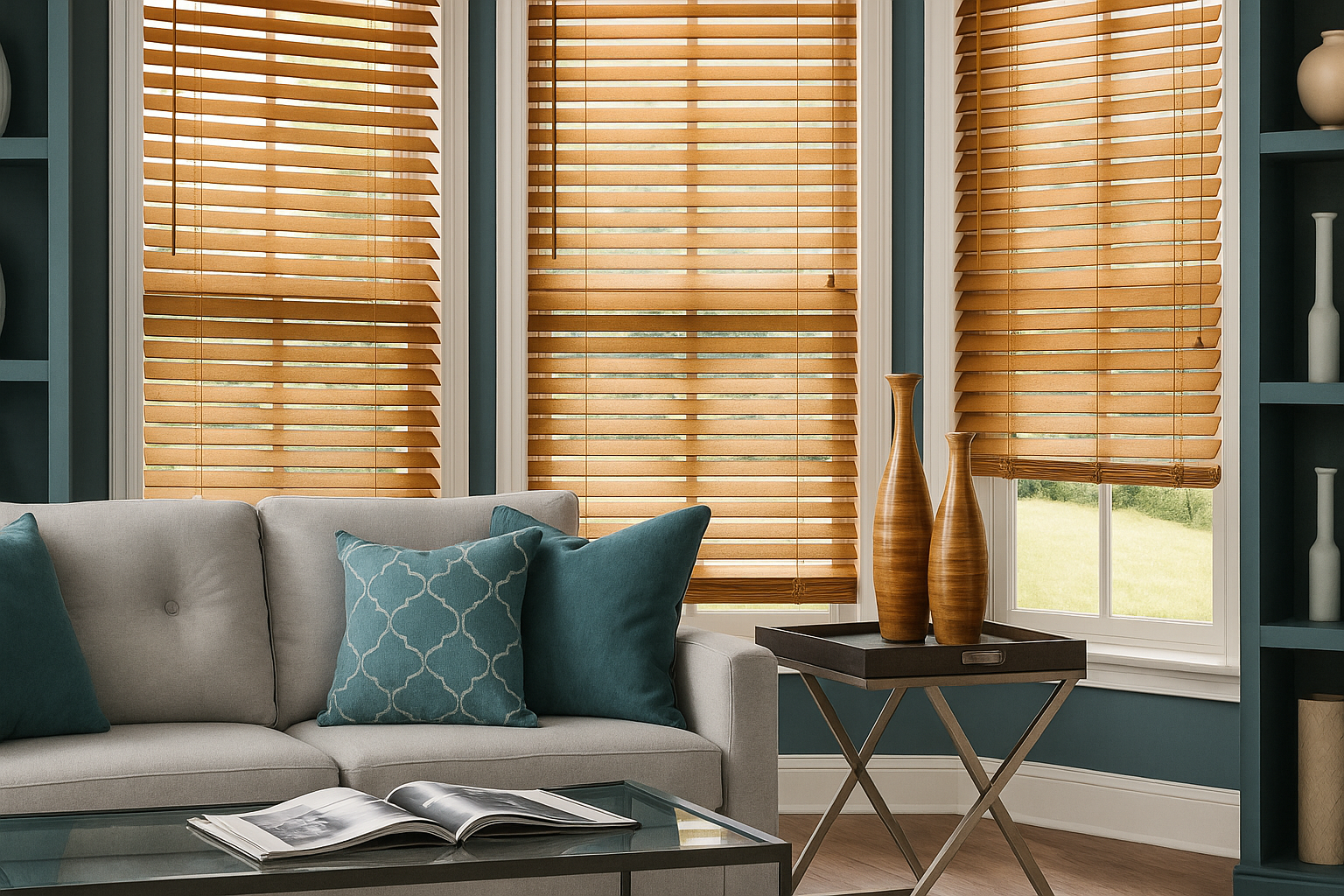 Cozy living room with gray sofa, teal pillows, bamboo blinds, and a small round side table.