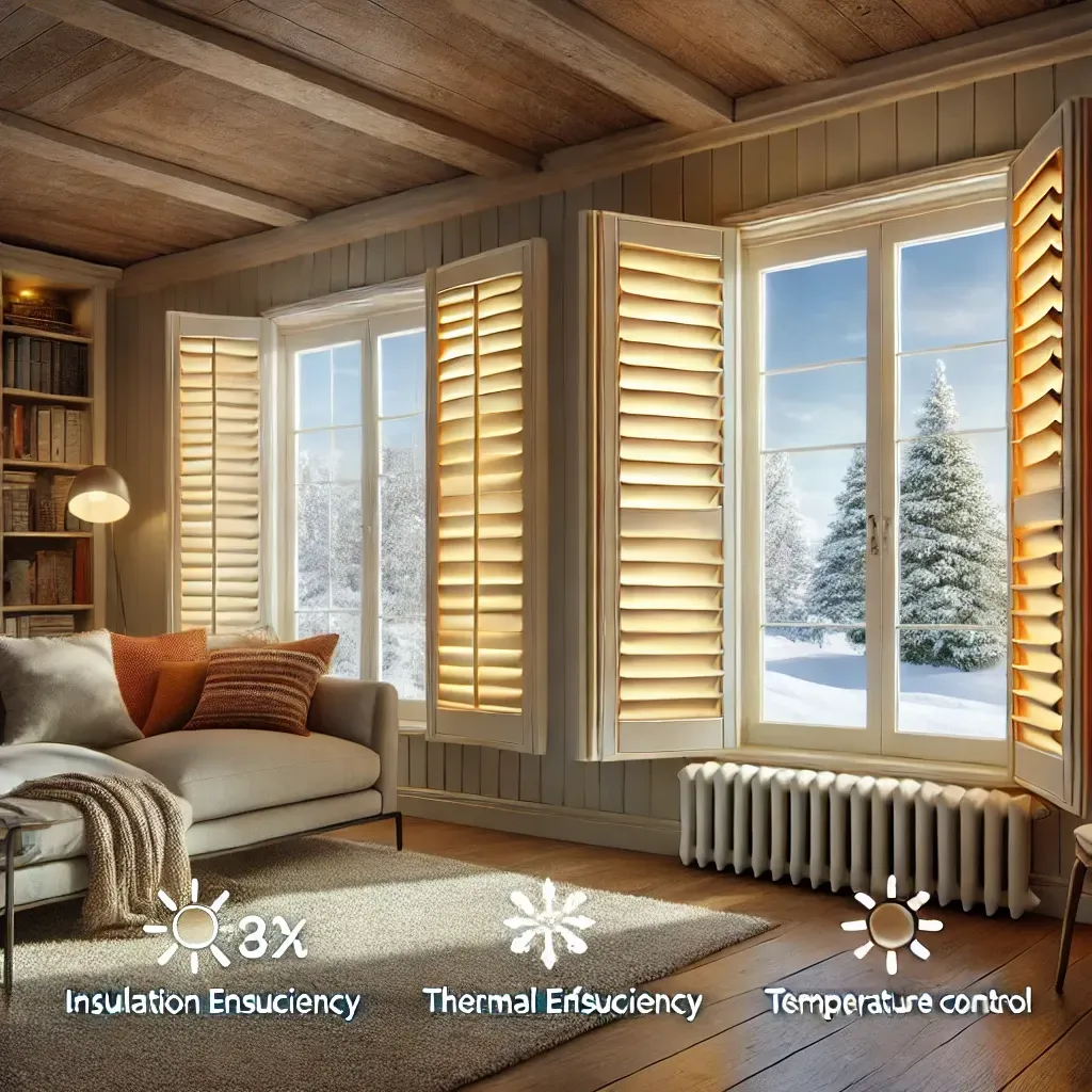 Cozy living room with wooden walls, sofa, and bright window shutters showing snowy trees; text about insulation efficiency
