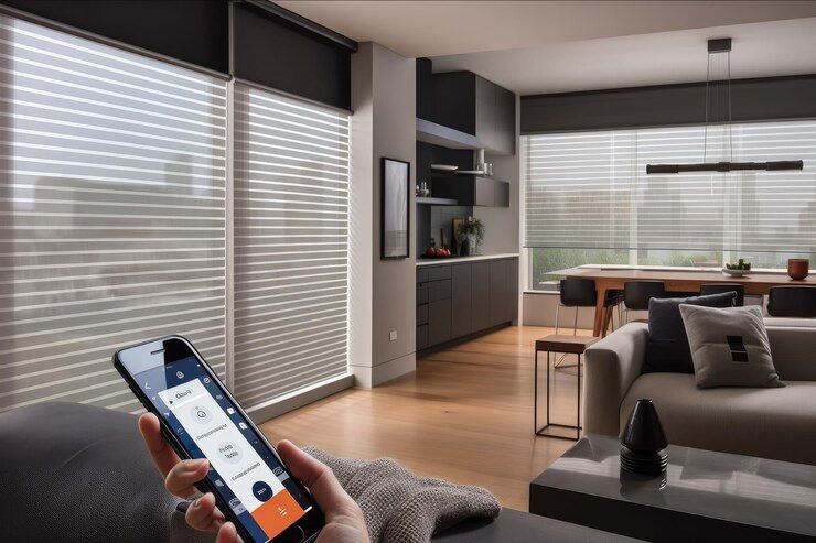 Hand holding a smartphone in a modern living room with large windows and blinds