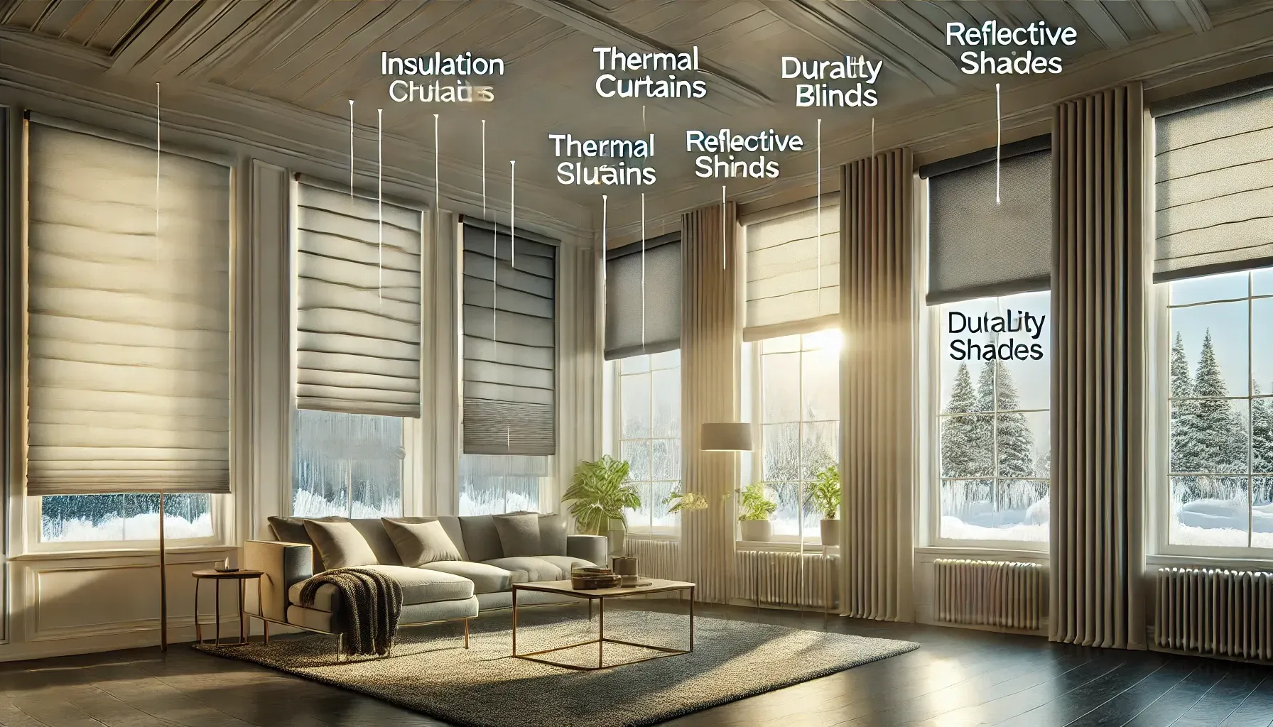 Sunlit living room with beige blinds and labeled window treatment styles on the windows
