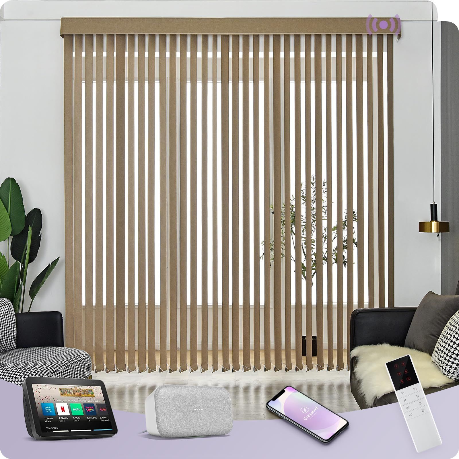 Living room with beige vertical blinds, couch, plants, and tablets on the floor