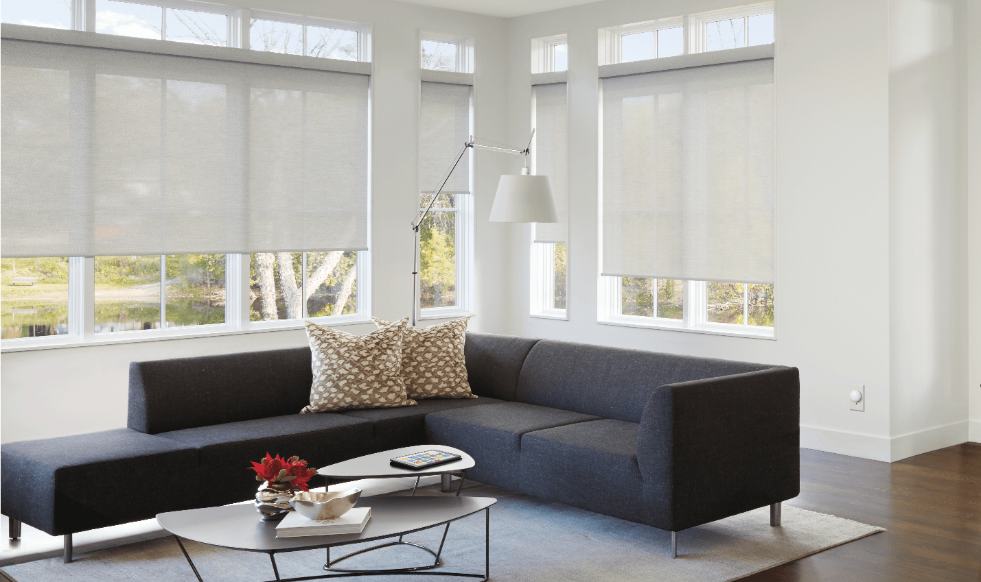 Modern living room with a dark gray sectional, coffee table, and large windows with white blinds.