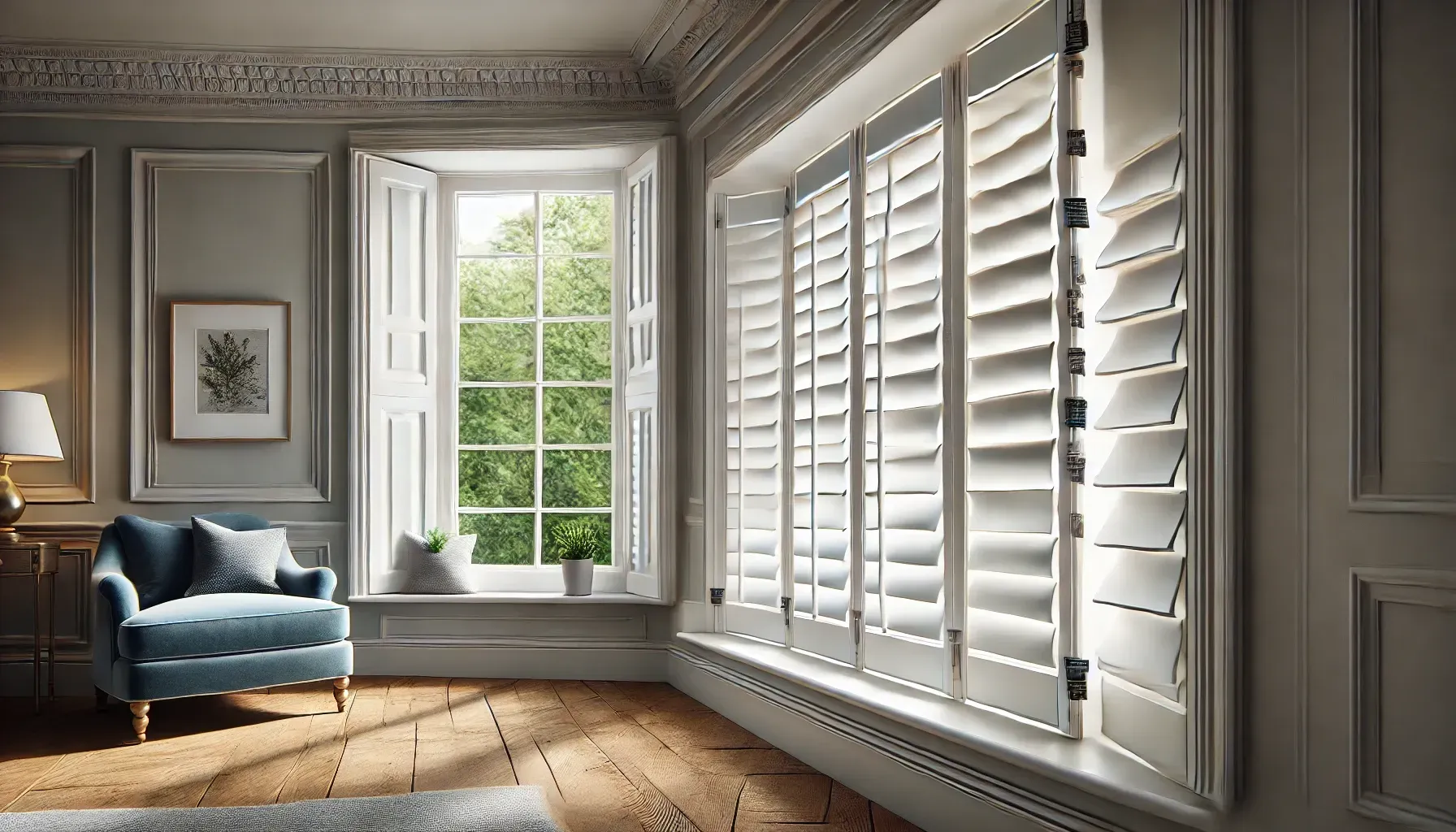 Bright living room with blue armchair, sunlit window, and white plantation shutters