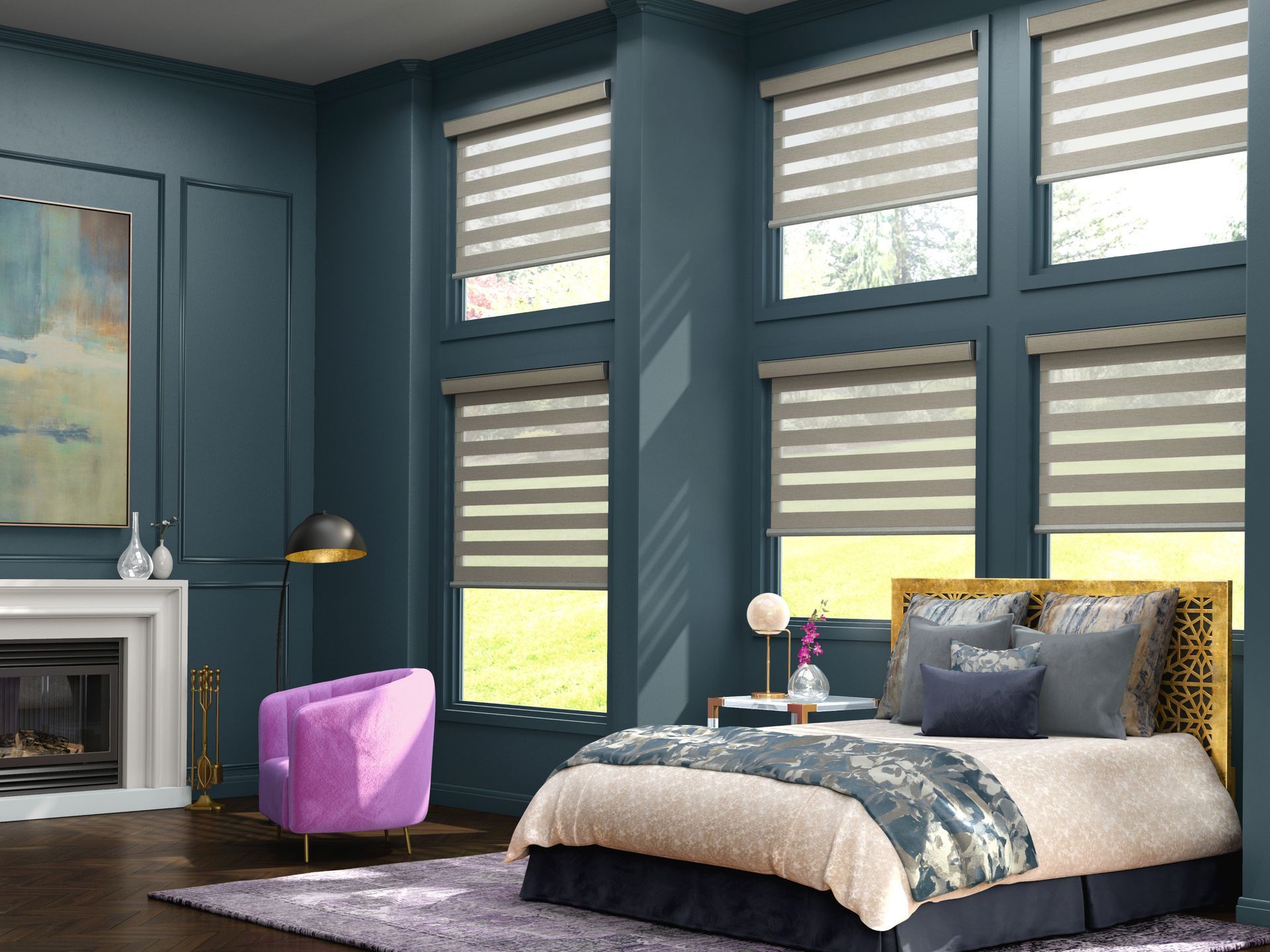 Modern bedroom with blue-gray walls, large windows, a bed, purple ottoman, and fireplace