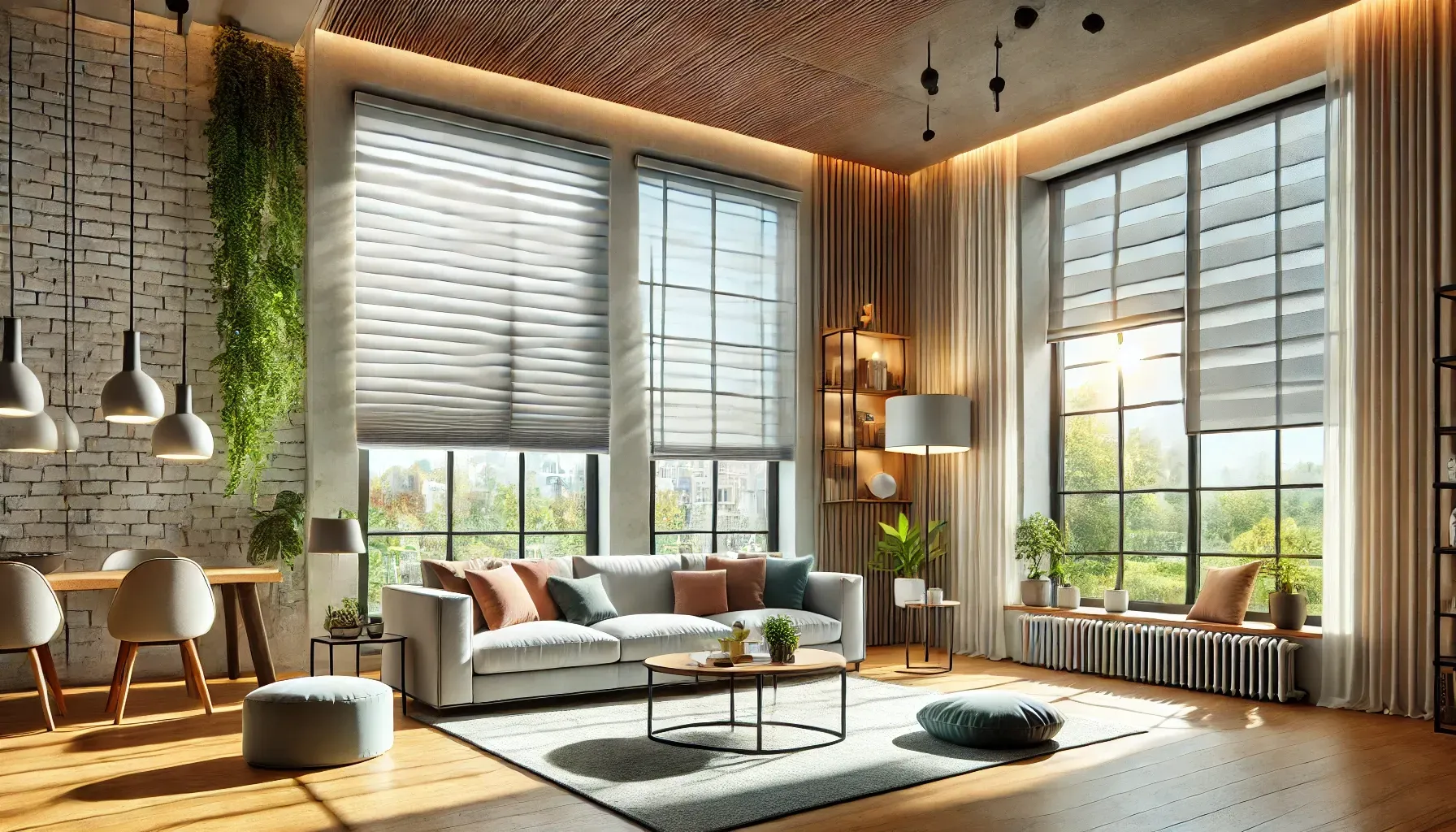 Modern living room with large windows, warm lighting, sofa, coffee table, and indoor plants