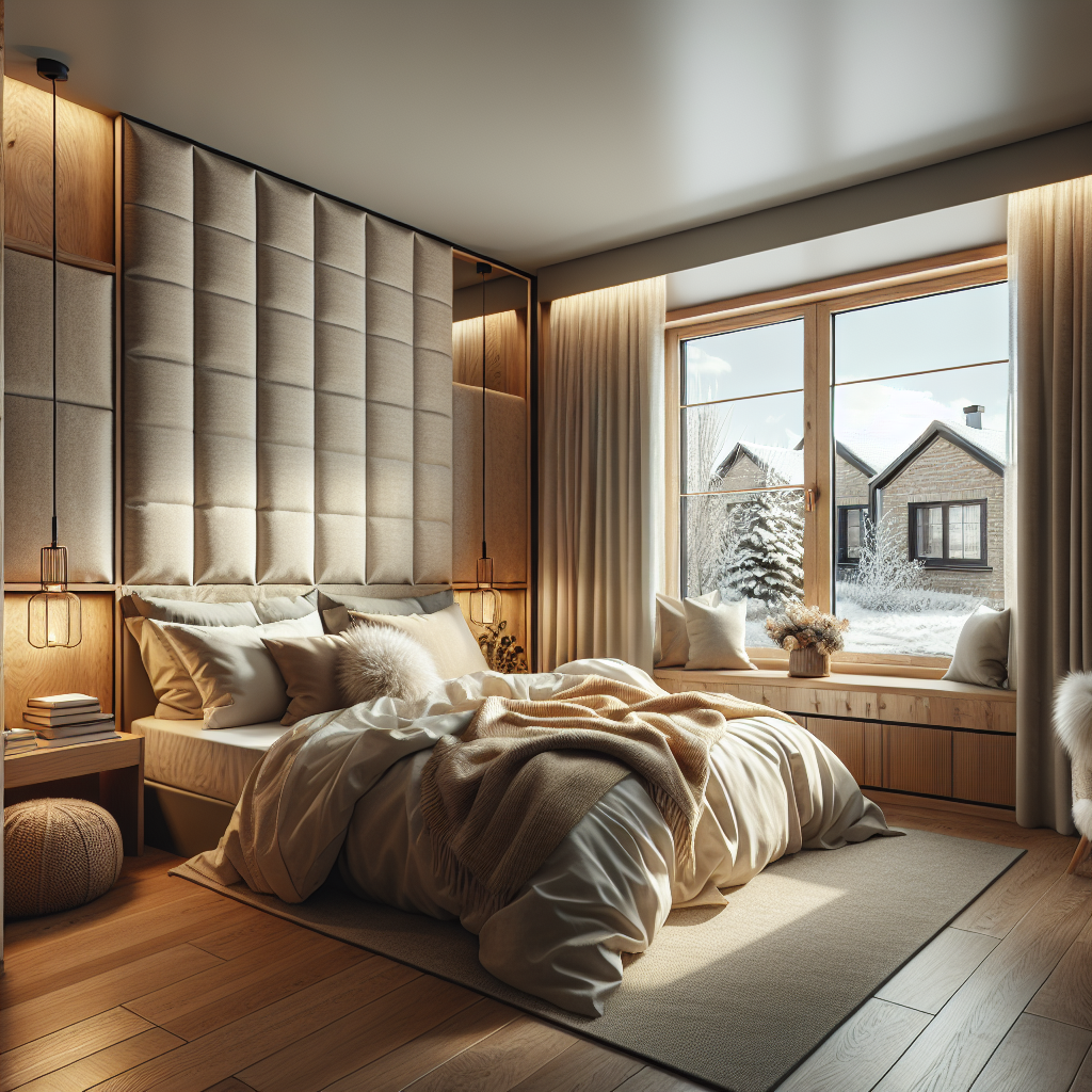 Cozy modern bedroom with a neatly made bed, warm wood accents, and sunlight by a snowy window