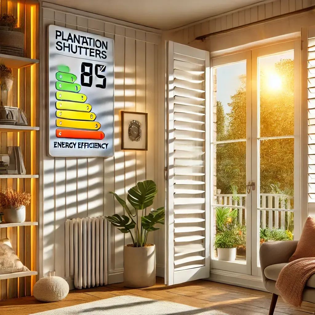 Sunlit room with white plantation shutters, potted plant, and energy-efficiency poster showing rating 89.