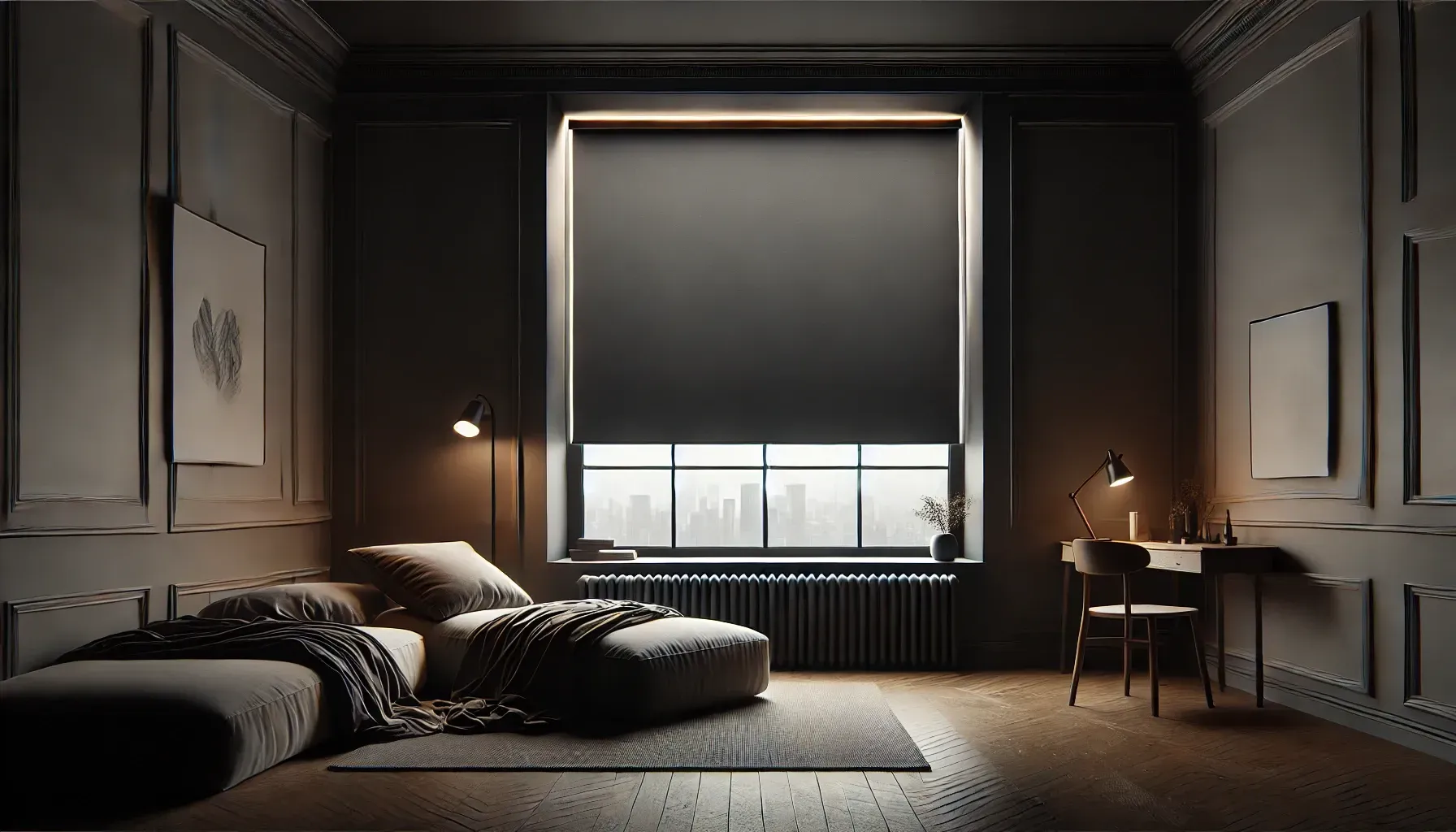Dim, elegant bedroom with a bed, window seat, desk, and warm lamps in soft gray tones