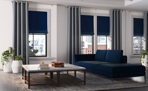 Modern living room with navy sofa, coffee table, tall windows, and potted plants