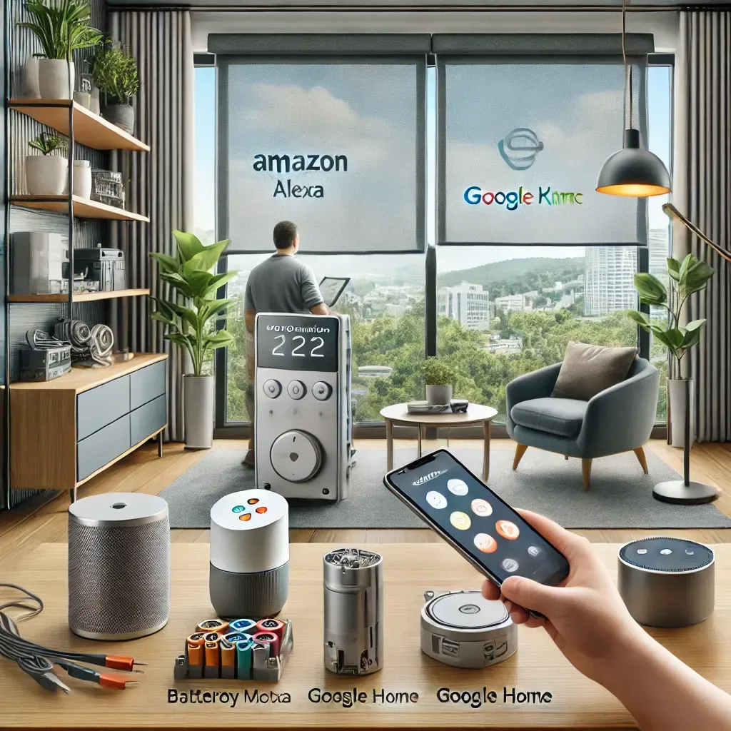 Smart home living room with voice assistants, connected devices, and a person using a remote app controller.