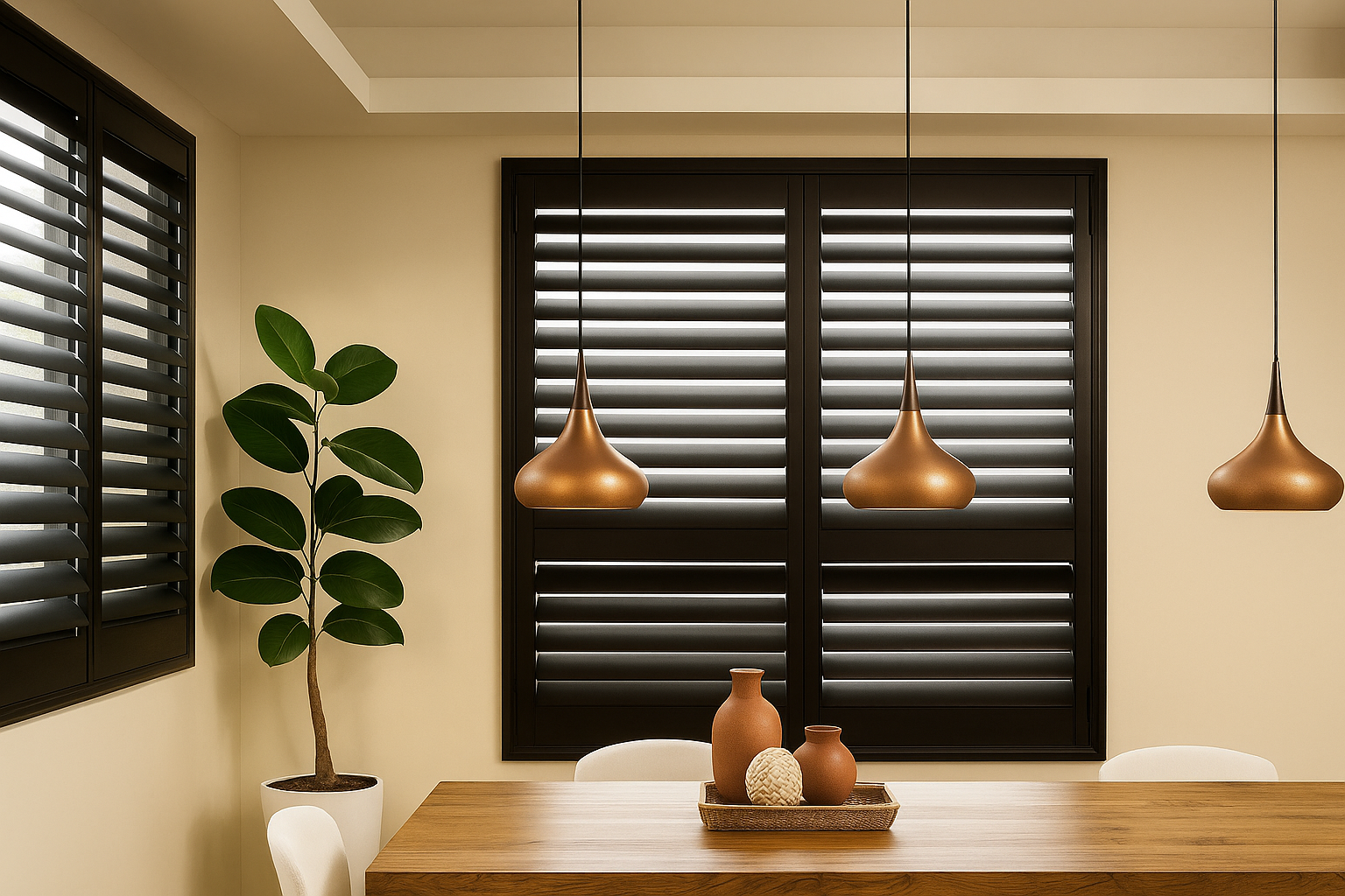 Modern dining room with black blinds, copper pendant lights, wooden table, and potted plant