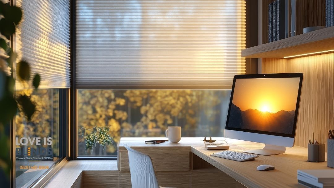Cozy modern desk by a window at sunset, with a monitor showing the sun over mountains.