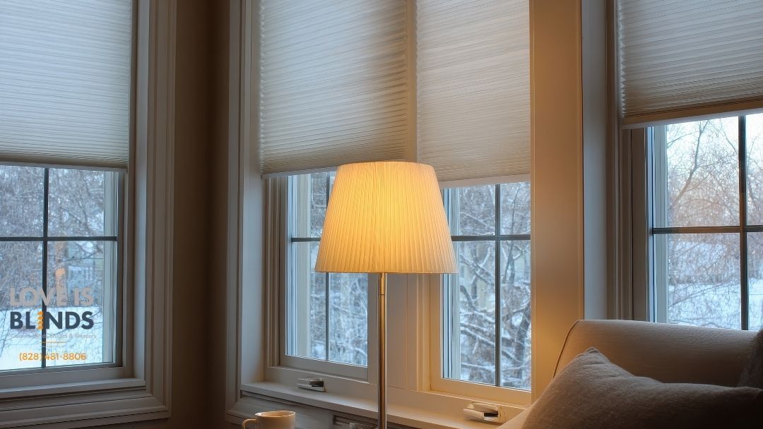 Cozy living room with lit floor lamp between windows and white blinds at dusk.