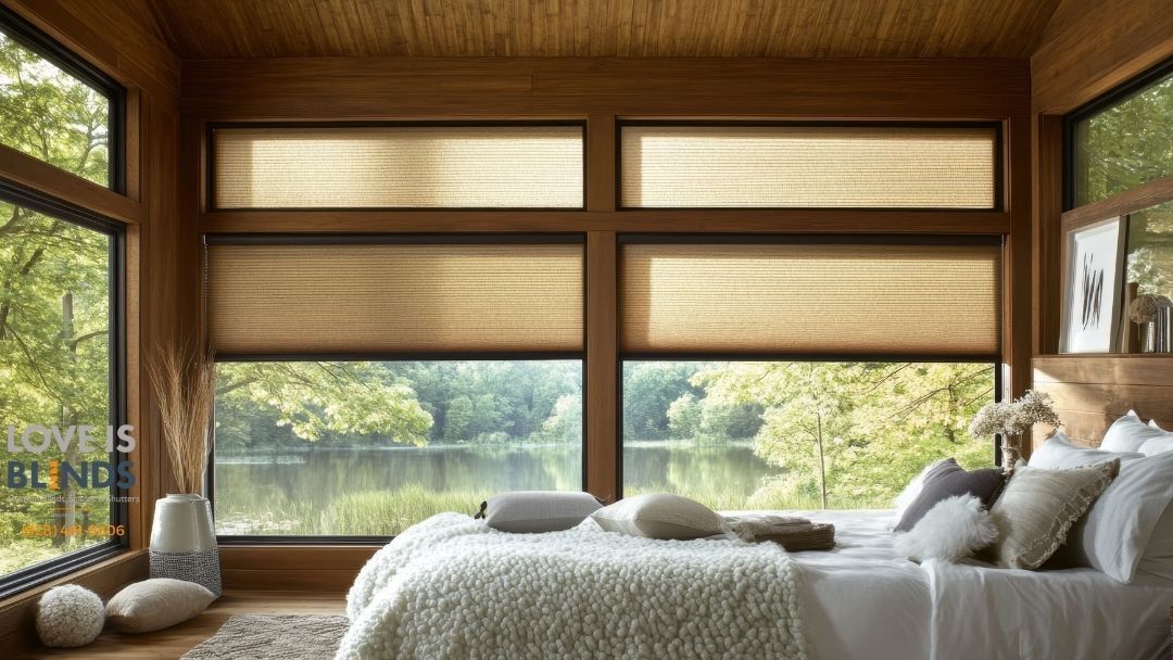 Cozy bedroom with large windows, wood paneling, and a bed facing a green wooded view