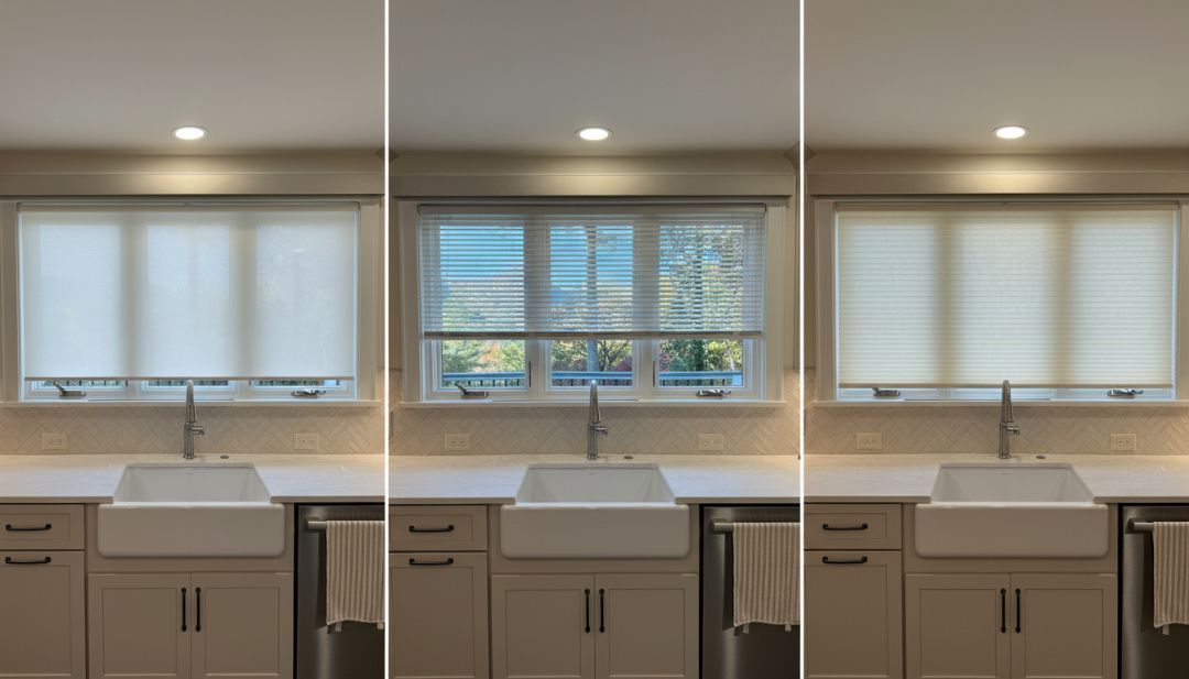 Modern kitchen with white cabinets, sink, and three windows with blinds above the counter.