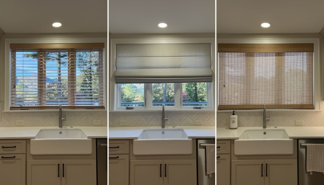 Split-view kitchen with sink, window, and window shades in three lighting variations.