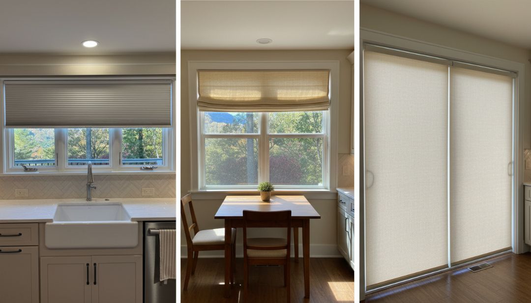 Three interior windows with blinds: a kitchen sink window, a dining nook, and a sliding door.