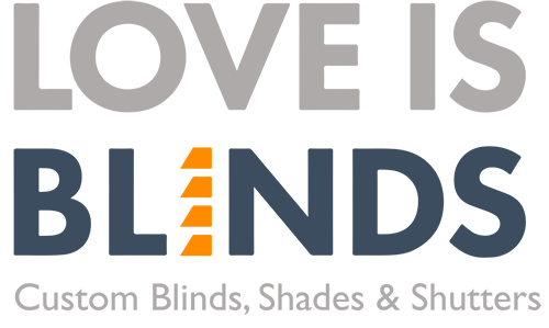 LOVE IS BLINDS logo in gray and blue with orange window blind icon, subtitle: Custom Blinds, Shades & Shutters