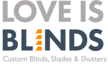 LOVE IS BLINDS logo in gray and blue with orange window blind icon, subtitle: Custom Blinds, Shades & Shutters of Western NC