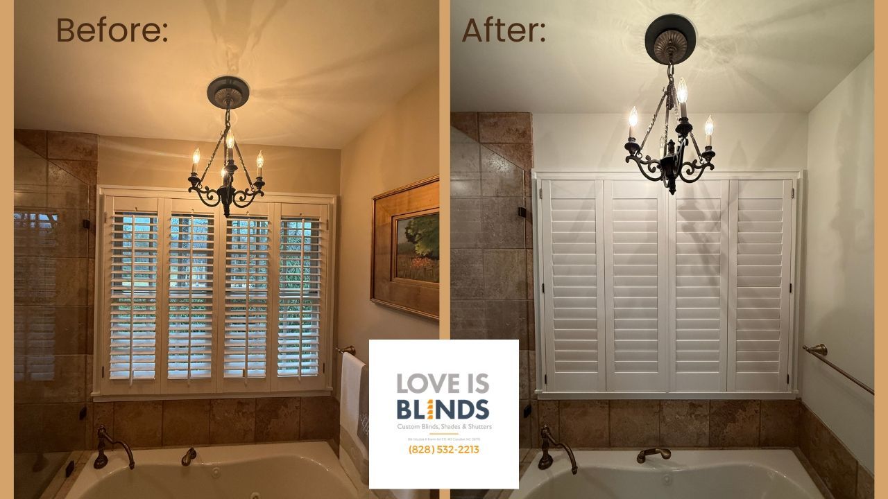 Before-and-after bathroom remodel with new white plantation shutters, chandelier, and beige walls.