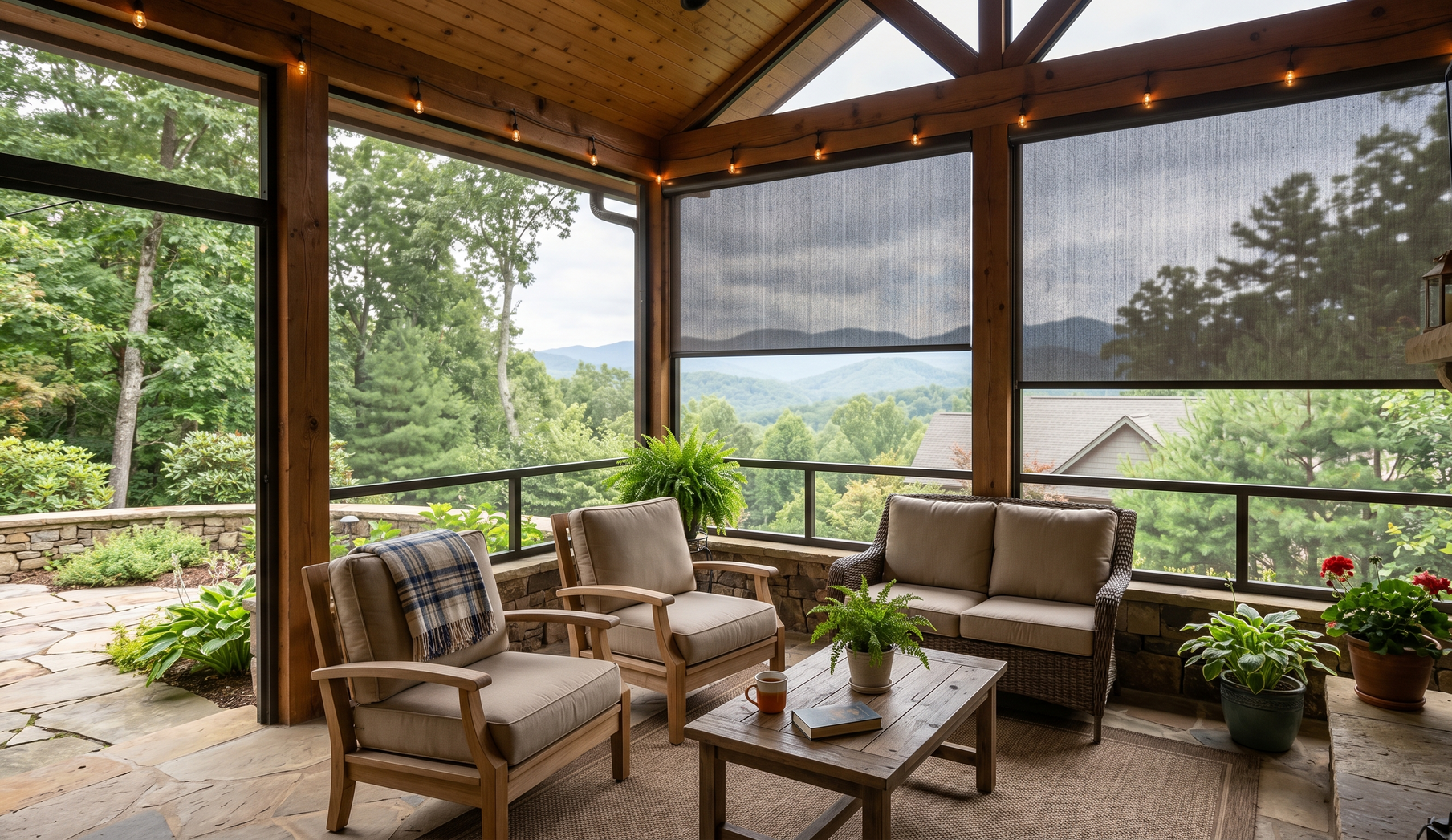 Covered outdoor patio with wicker seating, wooden beams, potted plants, and a mountain view