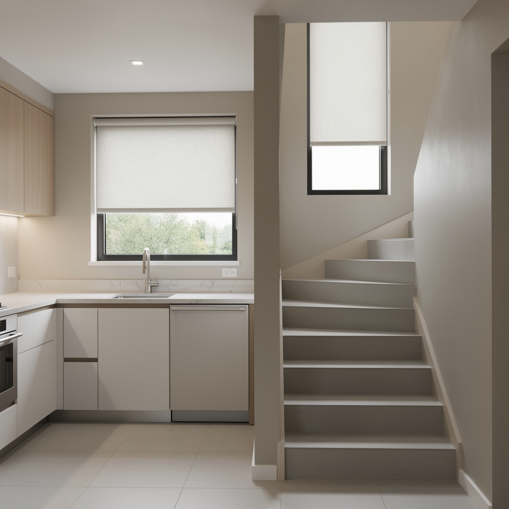 Modern beige kitchen with a window, white roller shades, white cabinets, and a staircase beside it