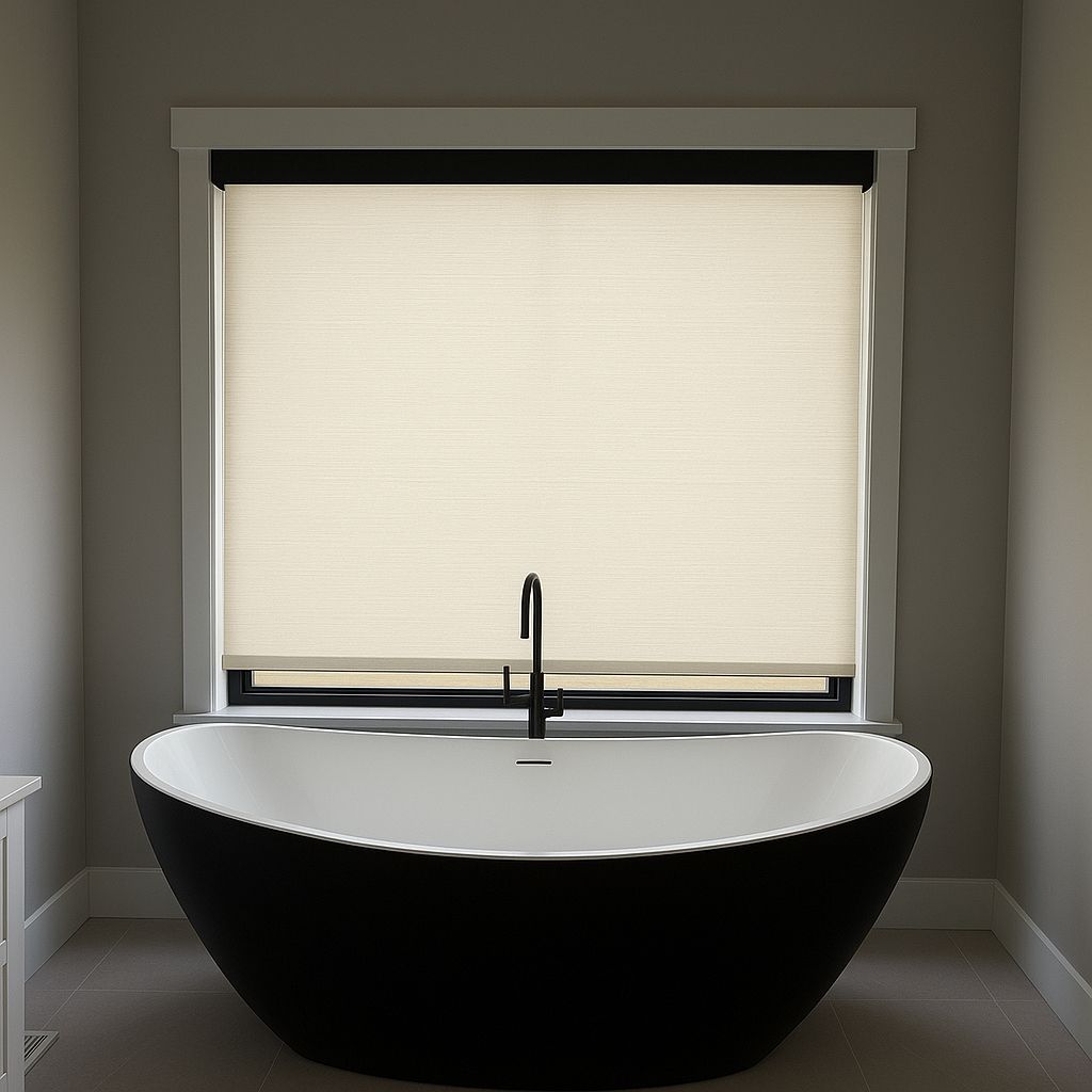 Black freestanding bathtub beneath a window with a closed beige shade in a modern bathroom