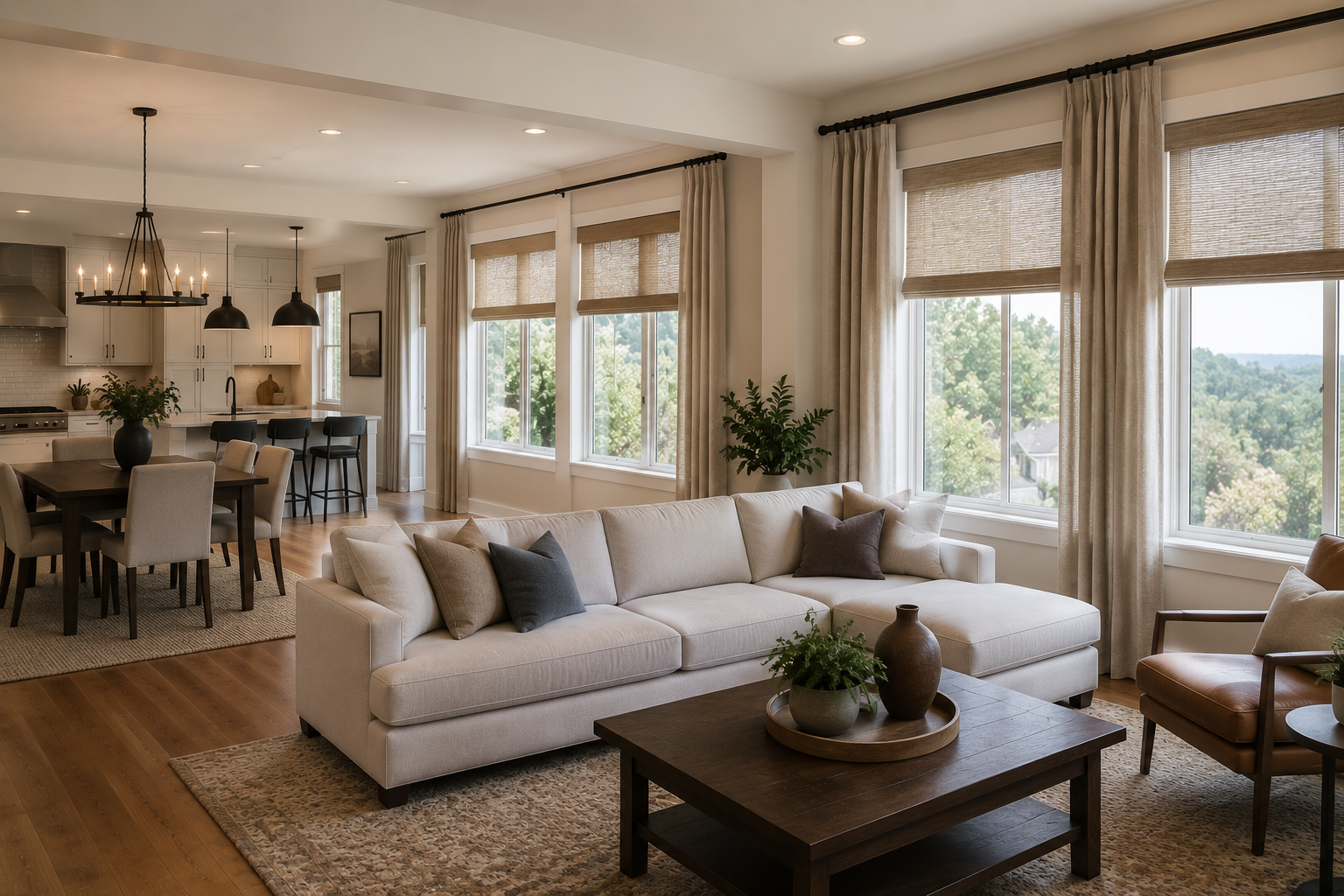 Bright living room with beige sofa, coffee table, dining area, and large windows with woven shades and drapery overlooking trees.