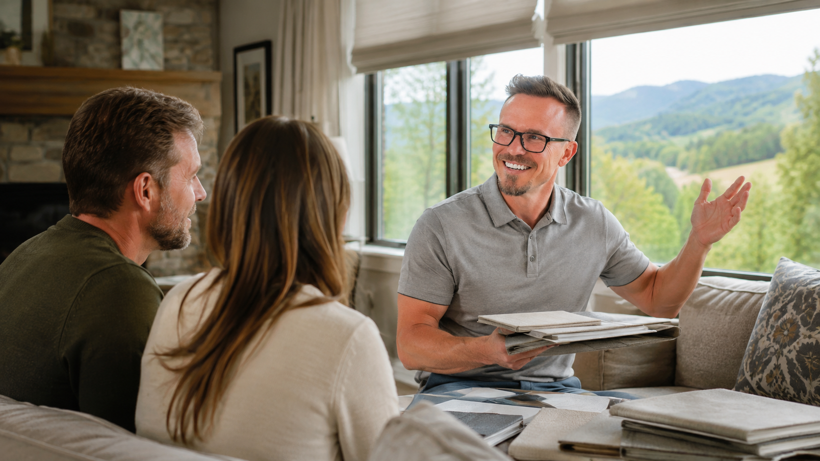Two people meet with a smiling advisor at a table by a window, discussing documents in a bright room.
