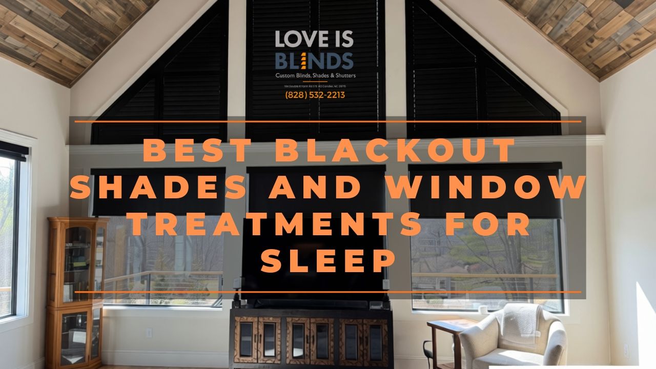 Living room with window treatment ad: “Blackout Shades and Window Treatments for Sleep” over a fireplace