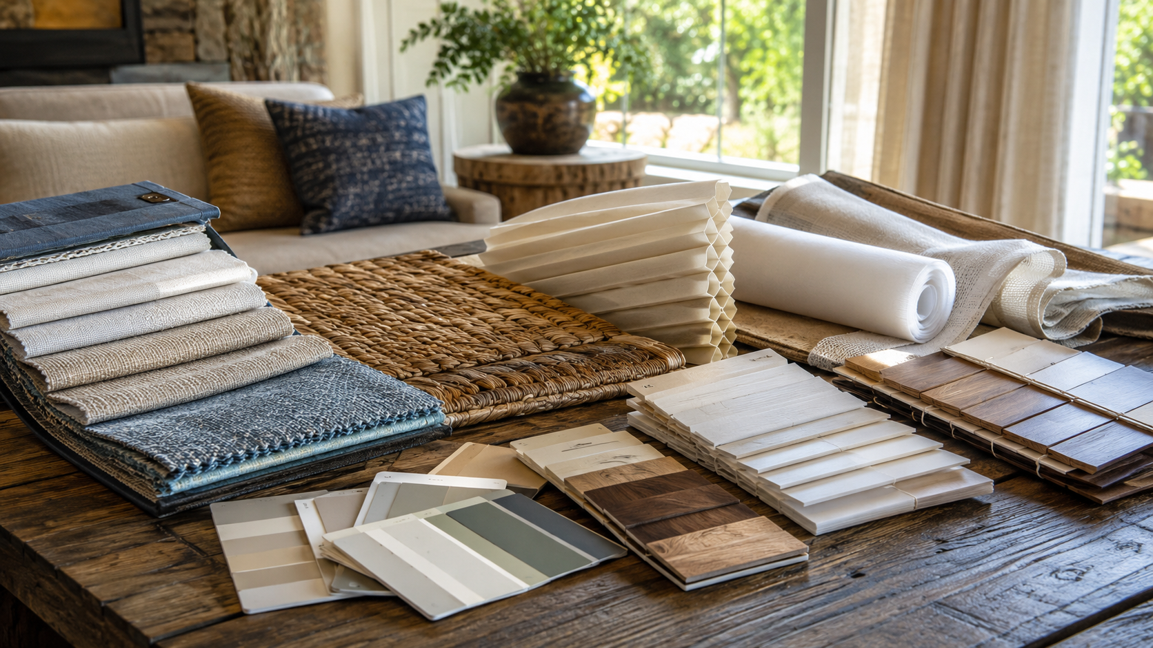 Assorted fabric samples arranged on a table in a bright showroom, with pillows in the background
