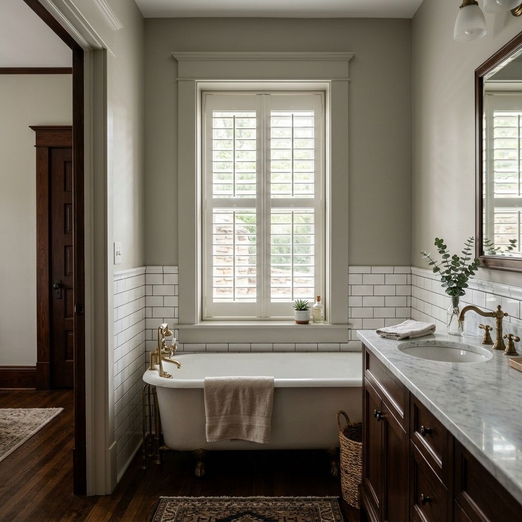 Bright bathroom with a freestanding tub beneath a window with shutters and a dark vanity with marble countertop.
