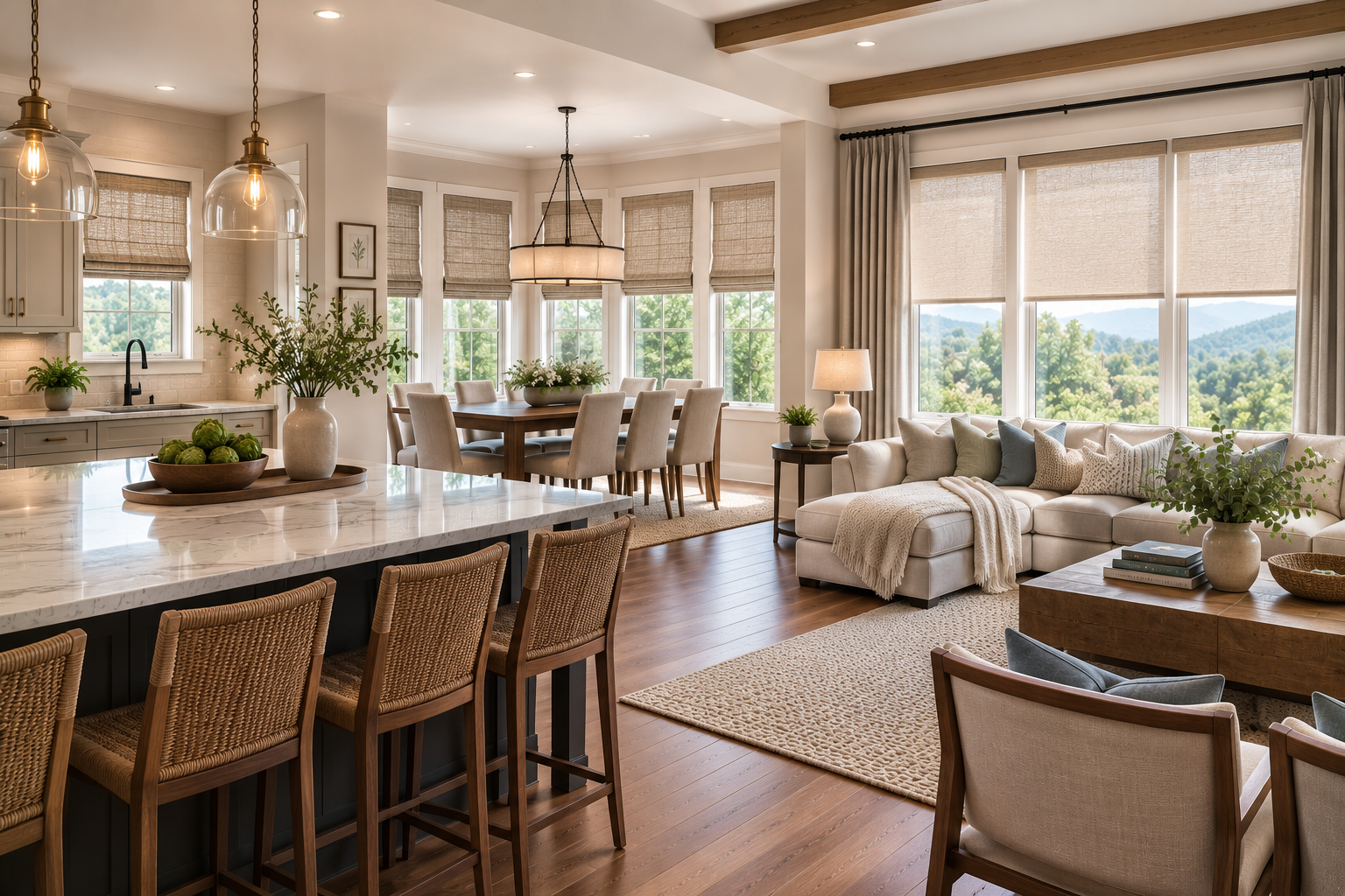 Bright open-plan living room and dining area with wicker chairs, neutral decor, and large windows with roman shades and roller shades overlooking water