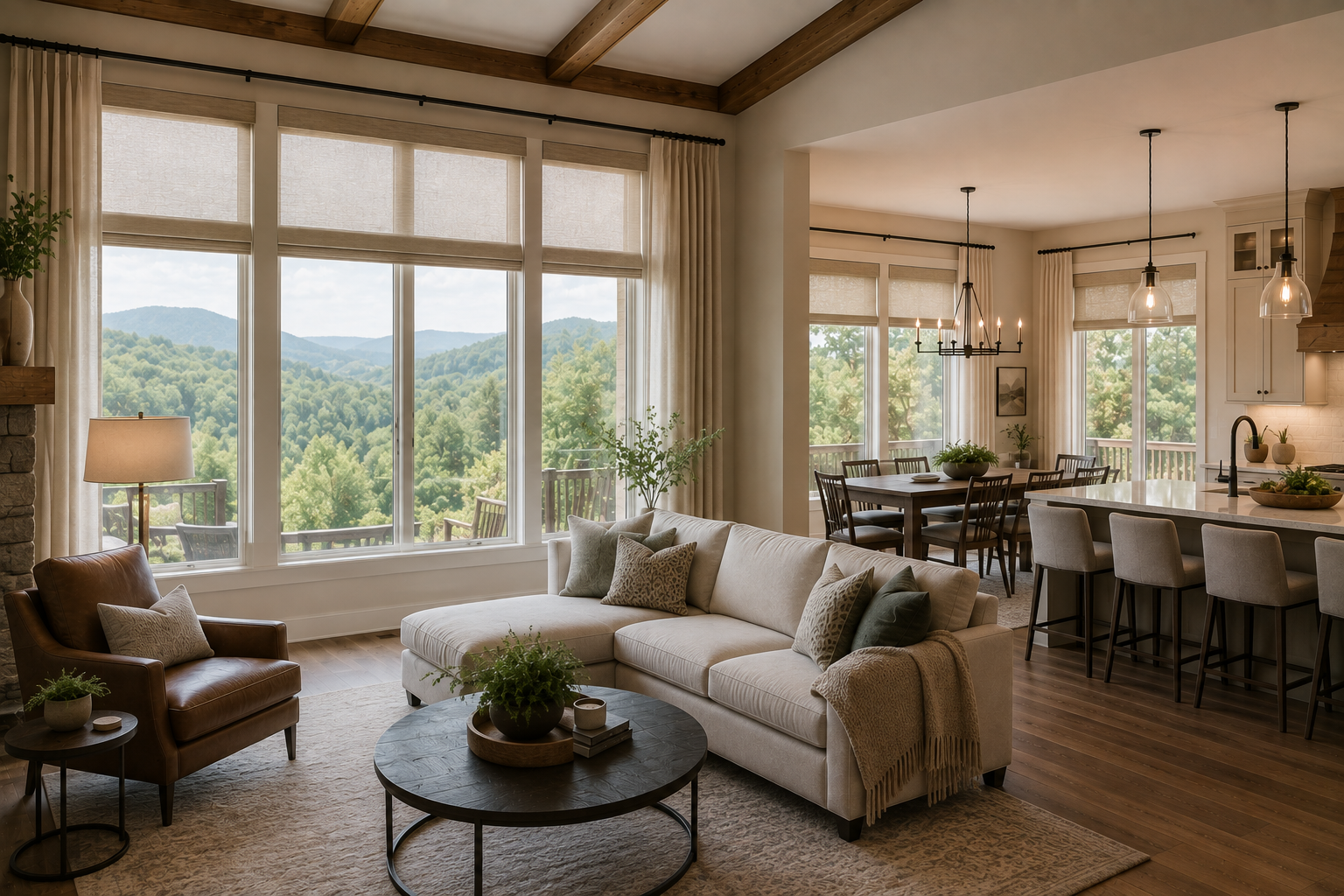Bright living room with large windows, layered window treatments, beige sofa, round coffee table, and mountain view beyond the dining area