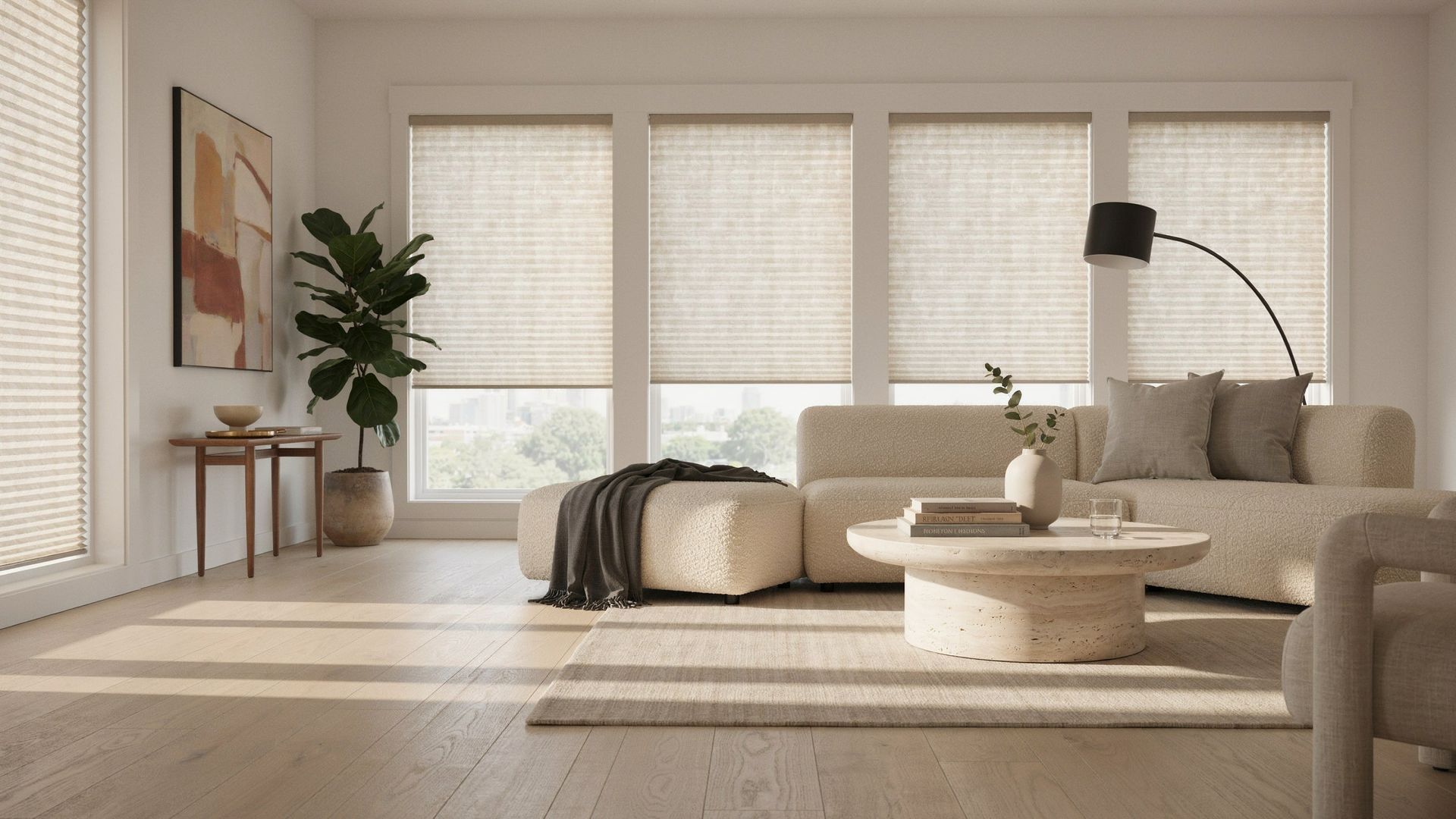Bright modern living room with beige sofa, round coffee table, floor lamp, and large windows with blinds