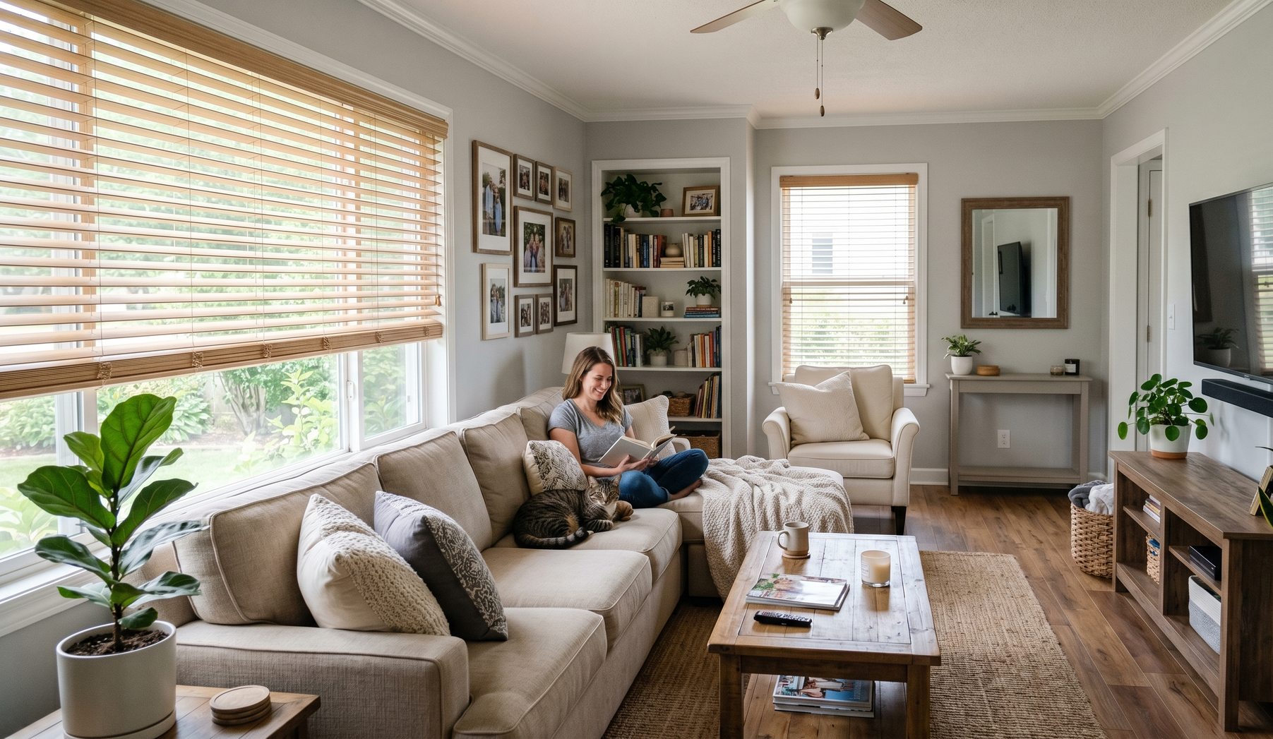 Cozy living room with a woman on a sofa, large window blinds, plants, and a coffee table