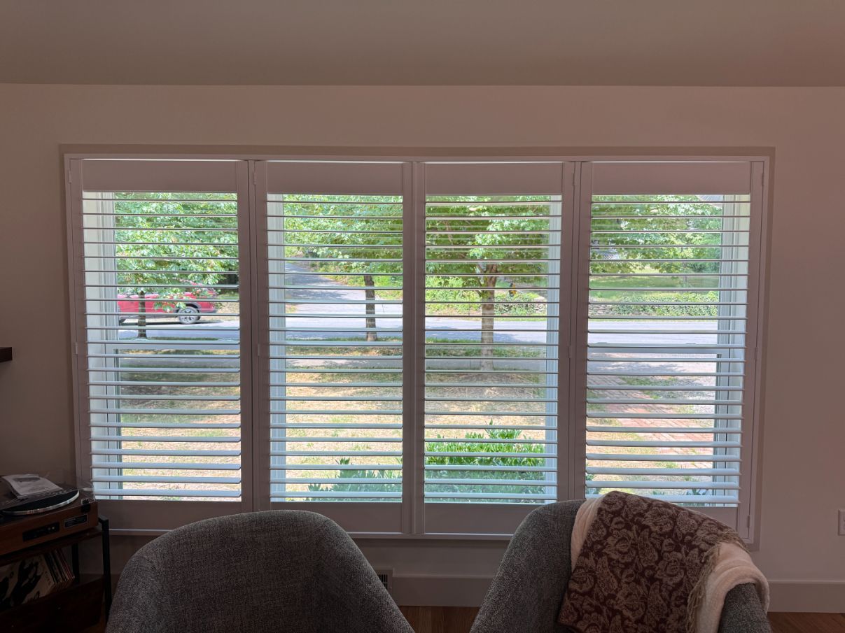 White window shutters looking out onto a tree-lined street, with chair backs in the foreground