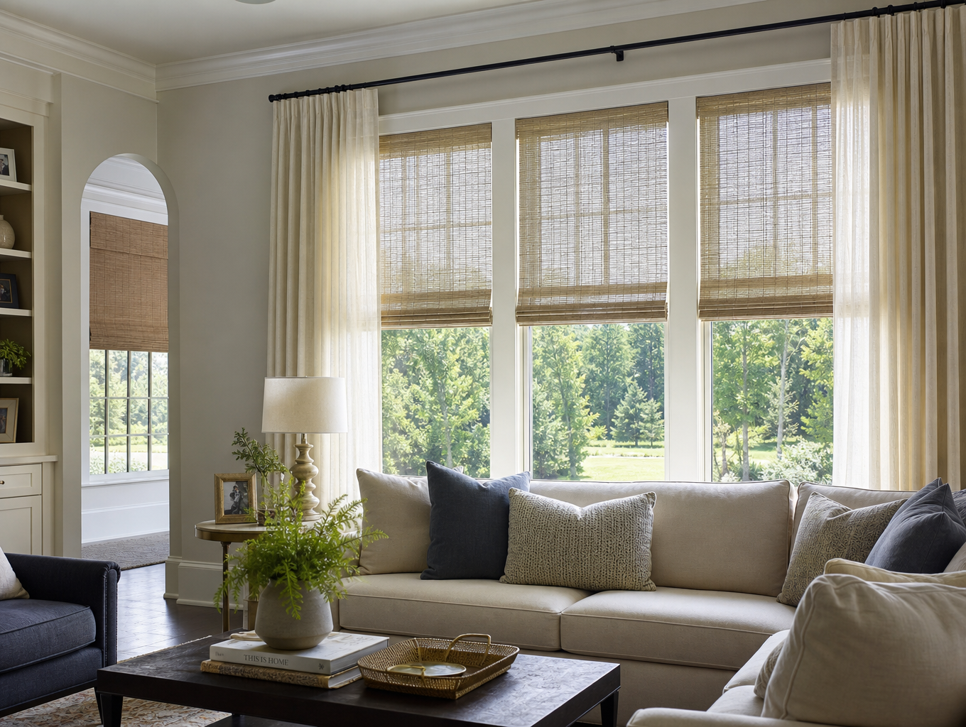 Bright living room with beige sofa, dark blue chairs, woven shades, and large windows overlooking greenery